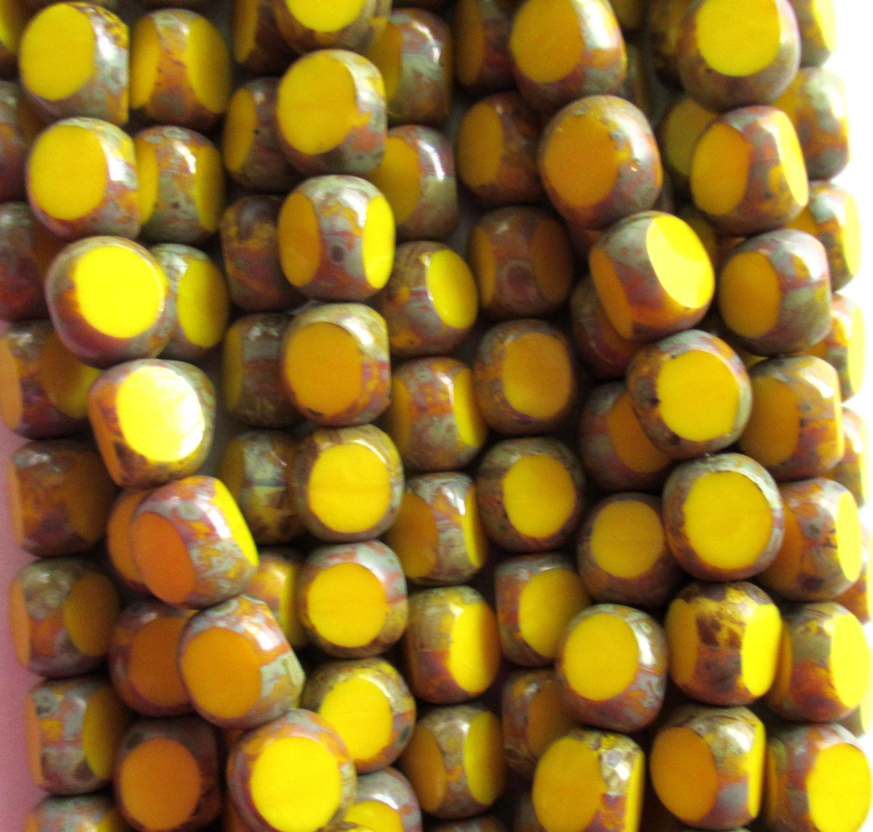 Lot of 25 Czech glass Tri-cut - Round beads - 8mm - opaque yellow picasso - faceted table cut rustic earthy window beads C0099