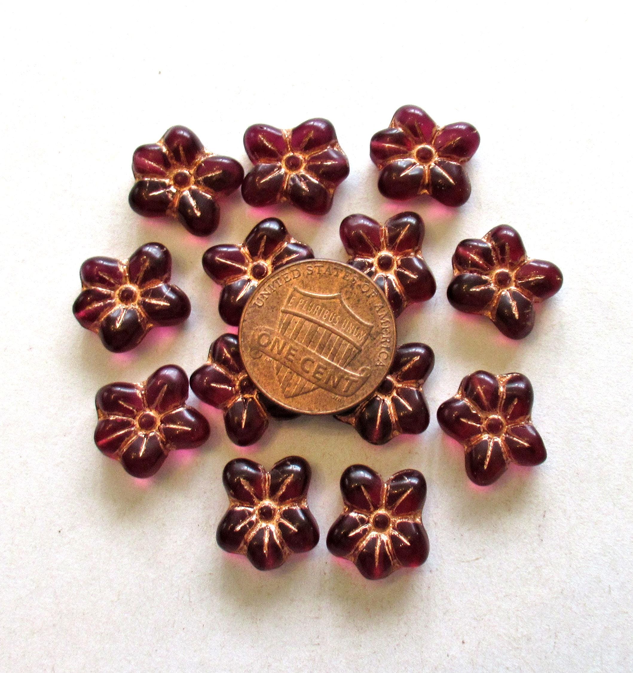 Ten Czech glass flower beads - raspberry pink with copper accents - 14 X 12mm - asymmetrical pressed glass flowers - C0731