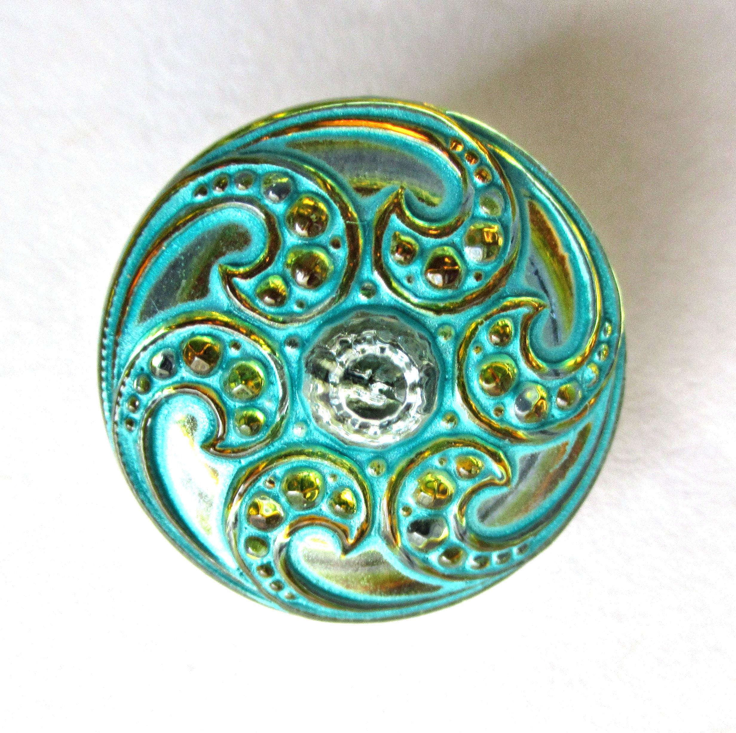 One 18mm Czech glass button - orange w/ rhinestone and a turquoise wash- fancy pattern decorative shank button 00052