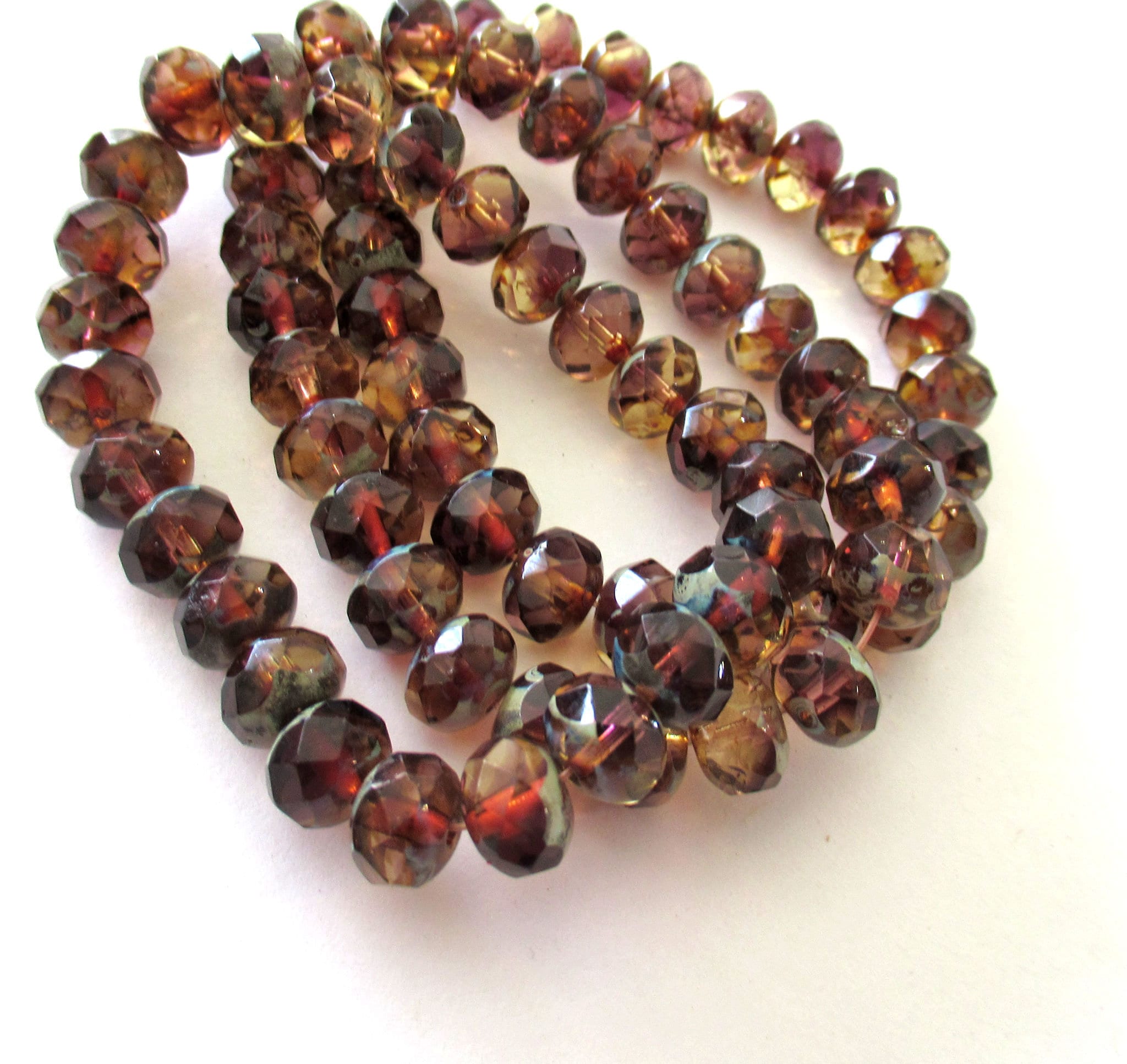 Lot of 25 Czech glass puffy rondelle beads - 6 x 8mm amethyst / purple & champagne picasso color mix faceted rondelles C00072