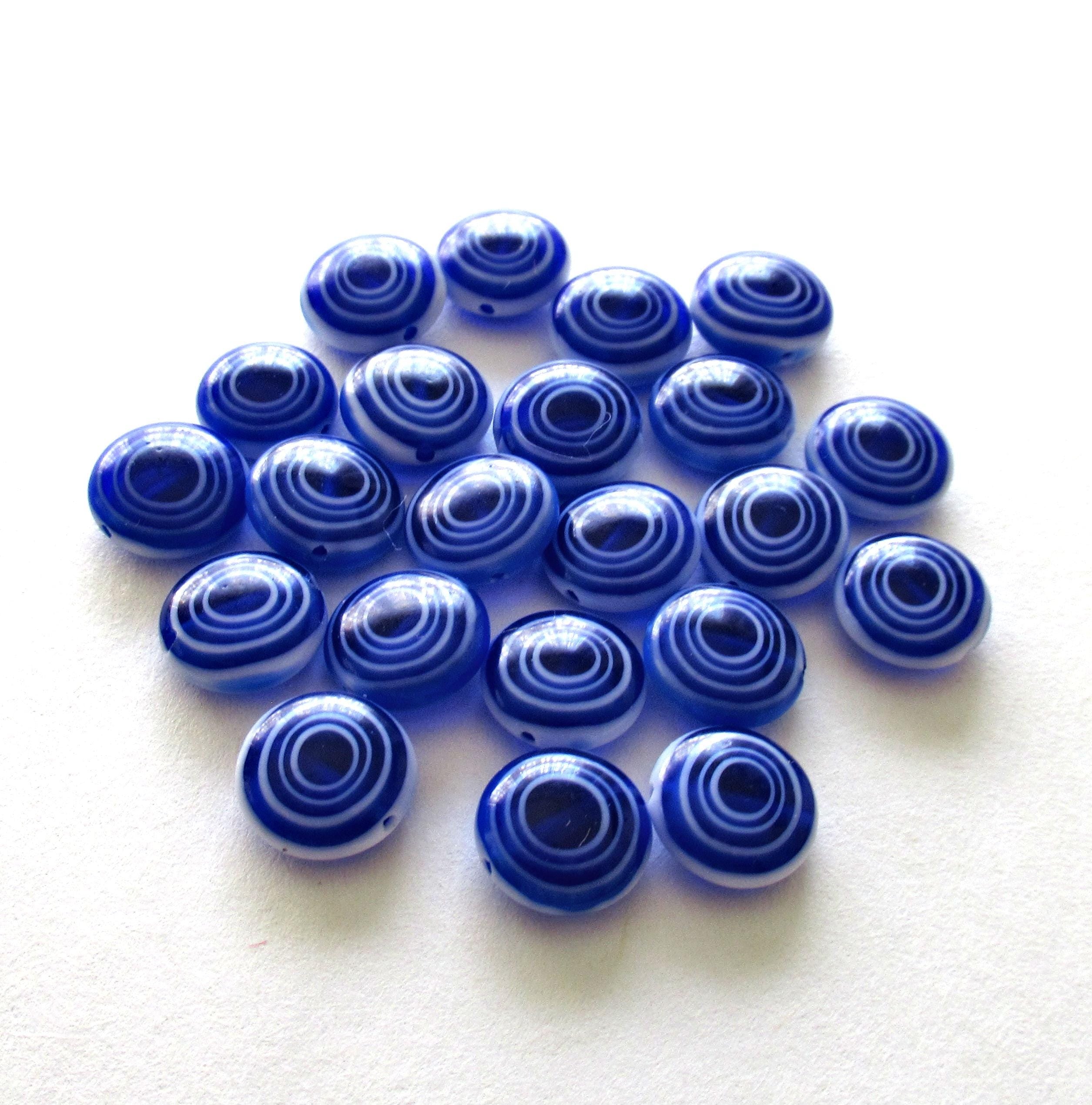 Ten 10mm glass coin beads - cobalt blue and white disc beads - target or concentric circles beads - C0001