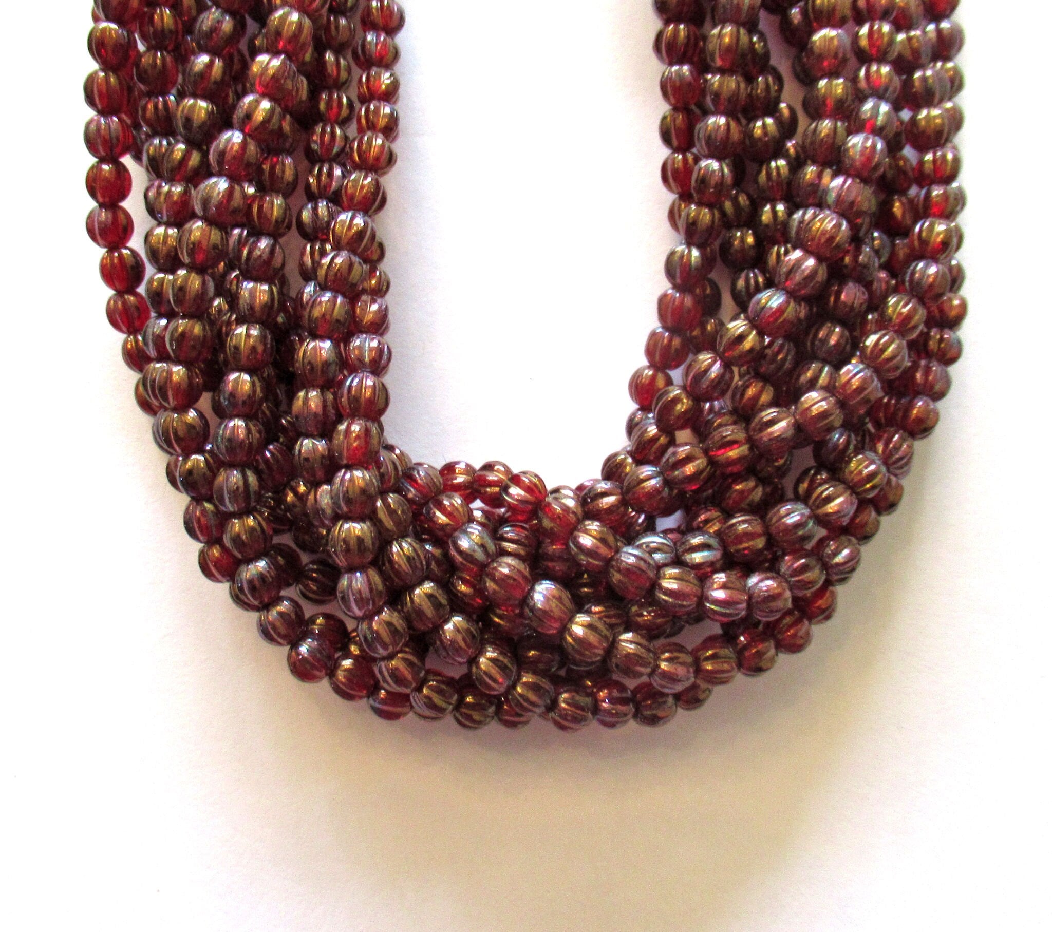 Fifty 5mm Czech glass melon beads - ruby garnet bronze iris transparent red melon beads - pressed glass beads C0026