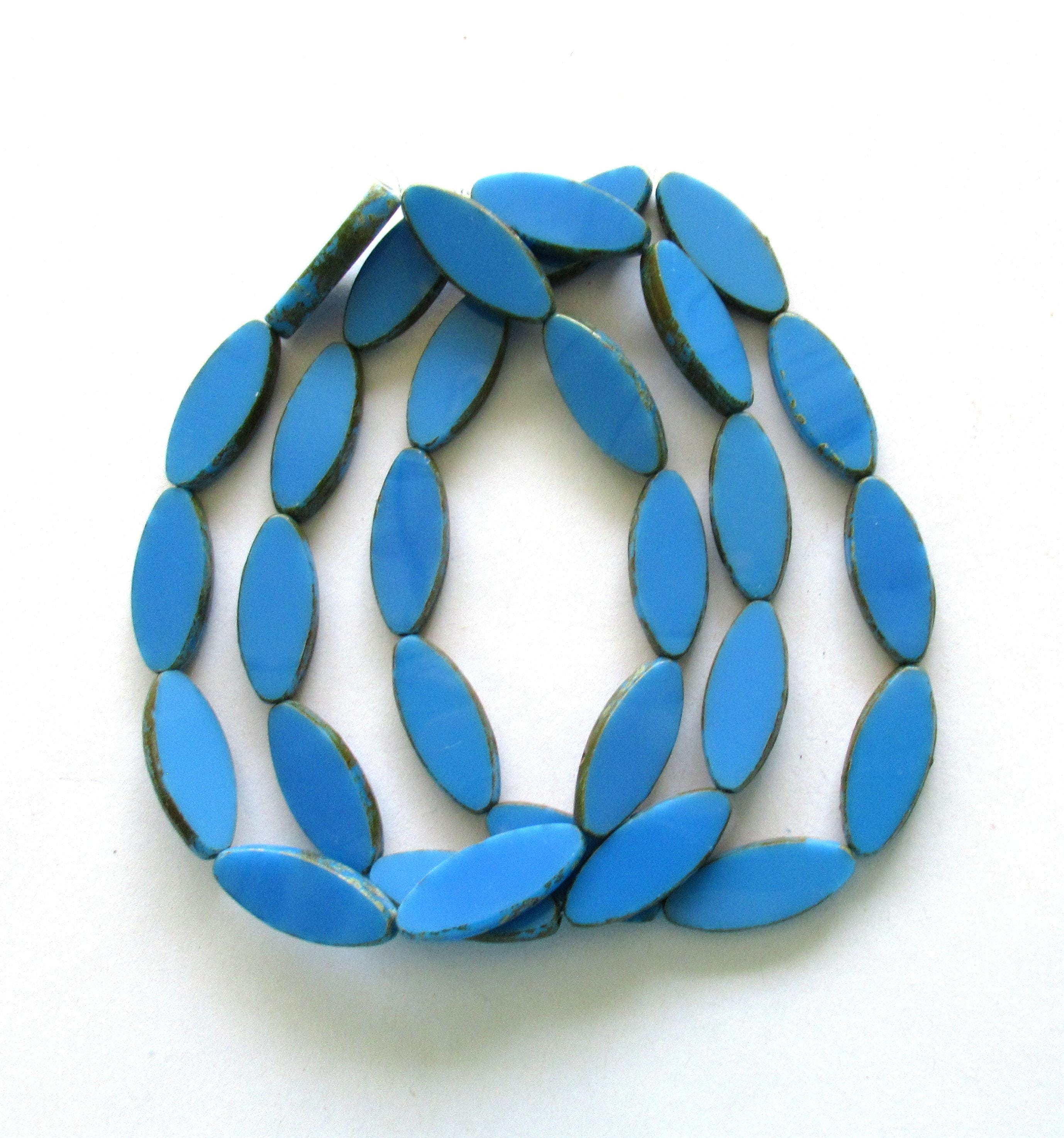 Ten large Czech glass spindle beads - opaque azure blue picasso - 20 x 9mm -table cut - almond shaped oval beads - C00122