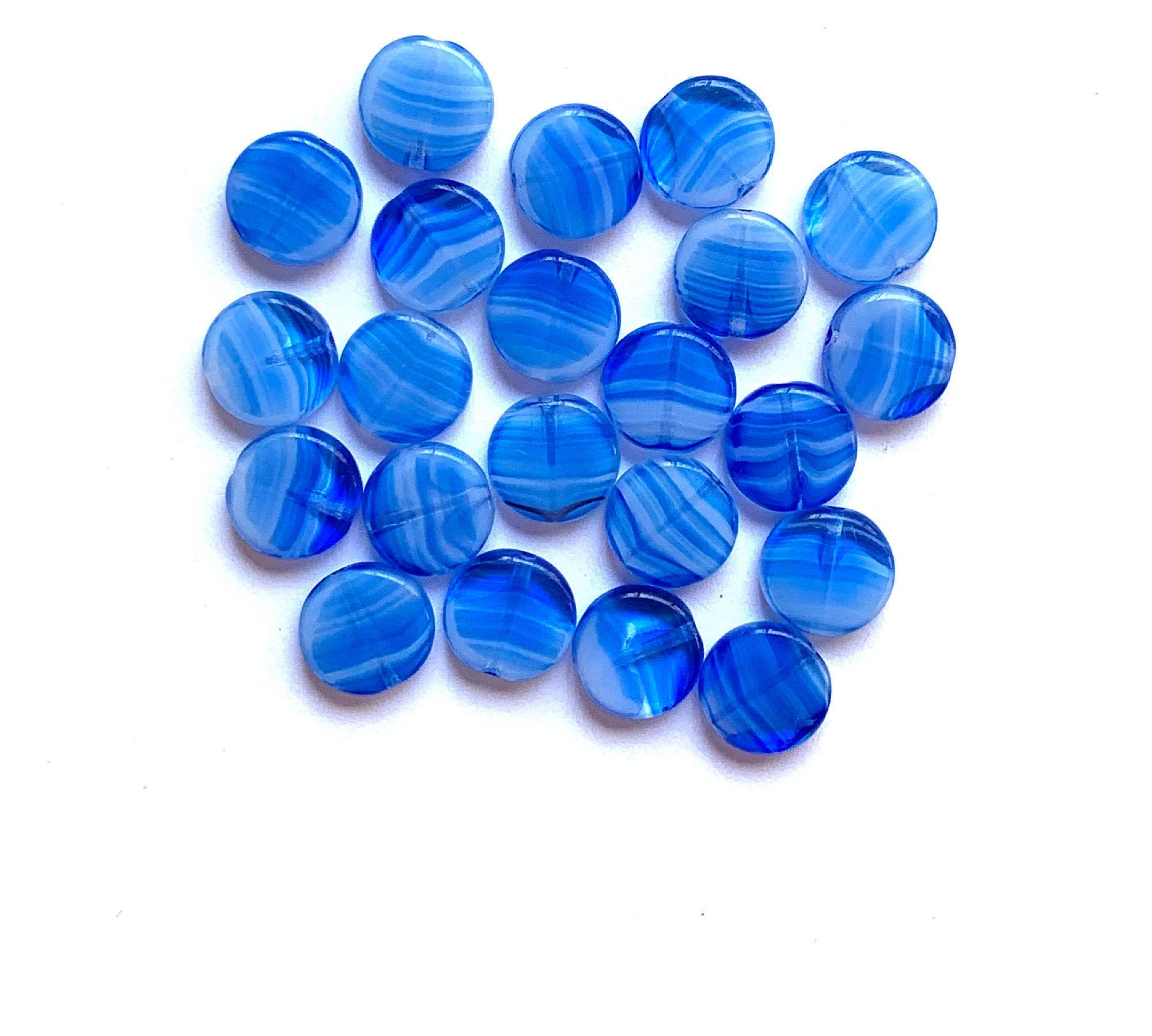 15 Czech glass coin beads - sapphire blue marbled, milky - 10mm - striped disc beads C0057