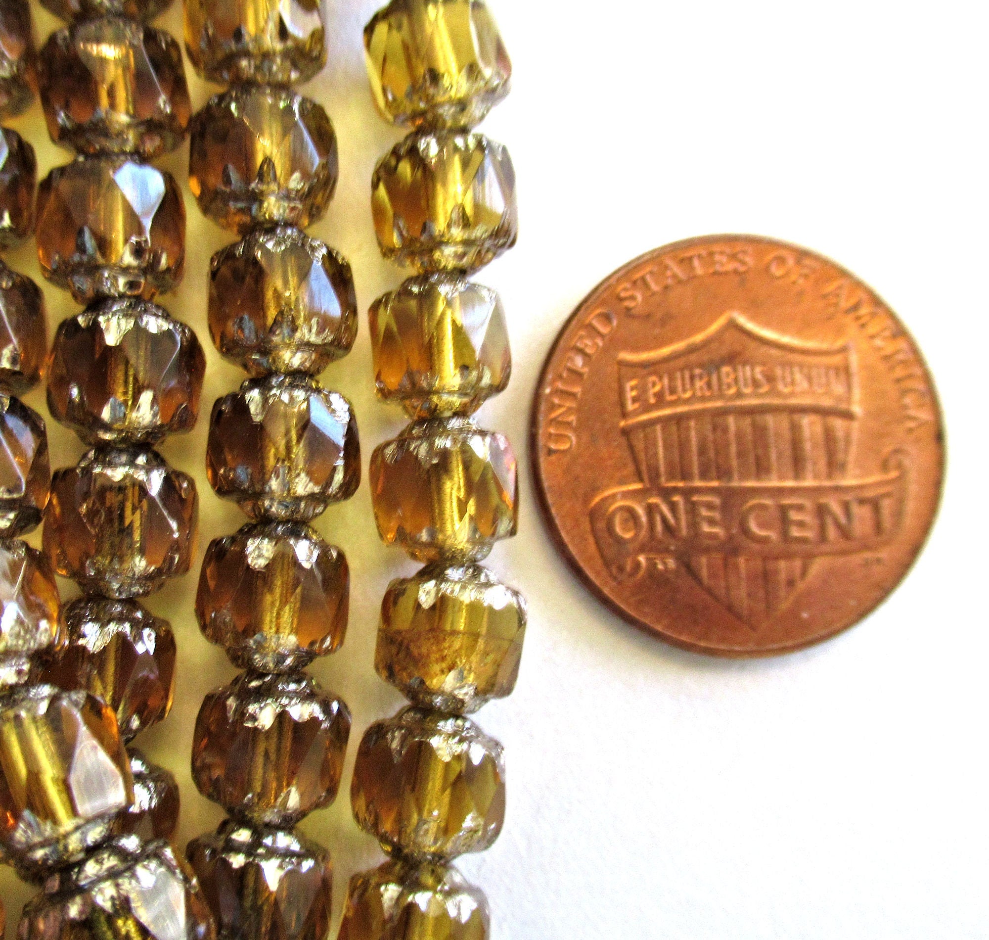 Lot of 25 Czech glass antique cut cathedral beads - topaz brown w/ silver picasso accents - faceted, fire polished beads - C00201