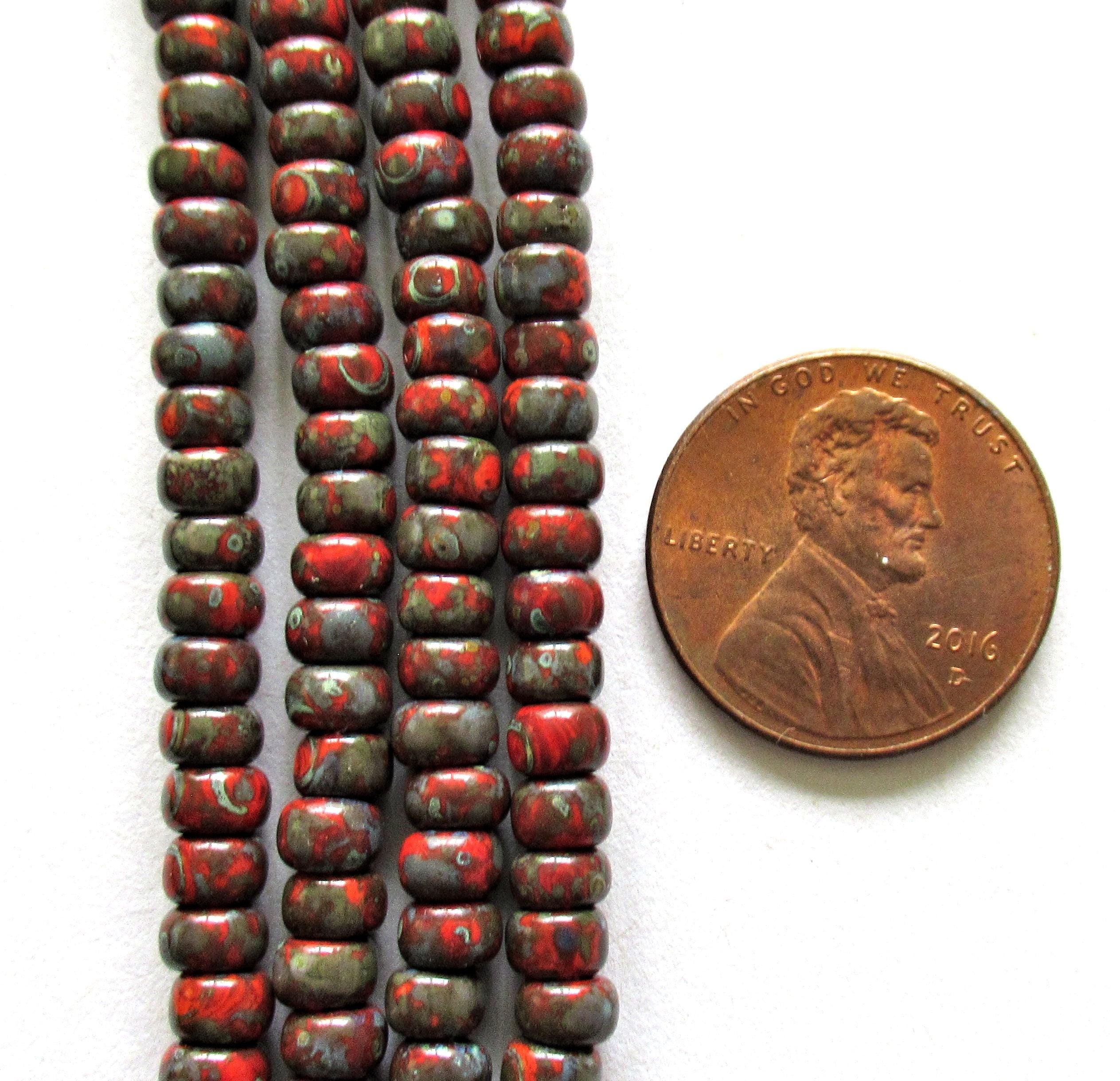 6/0 Czech glass aged seed beads - opaque red picasso beads - one 24 inch strand - approx 218 beads - C00755