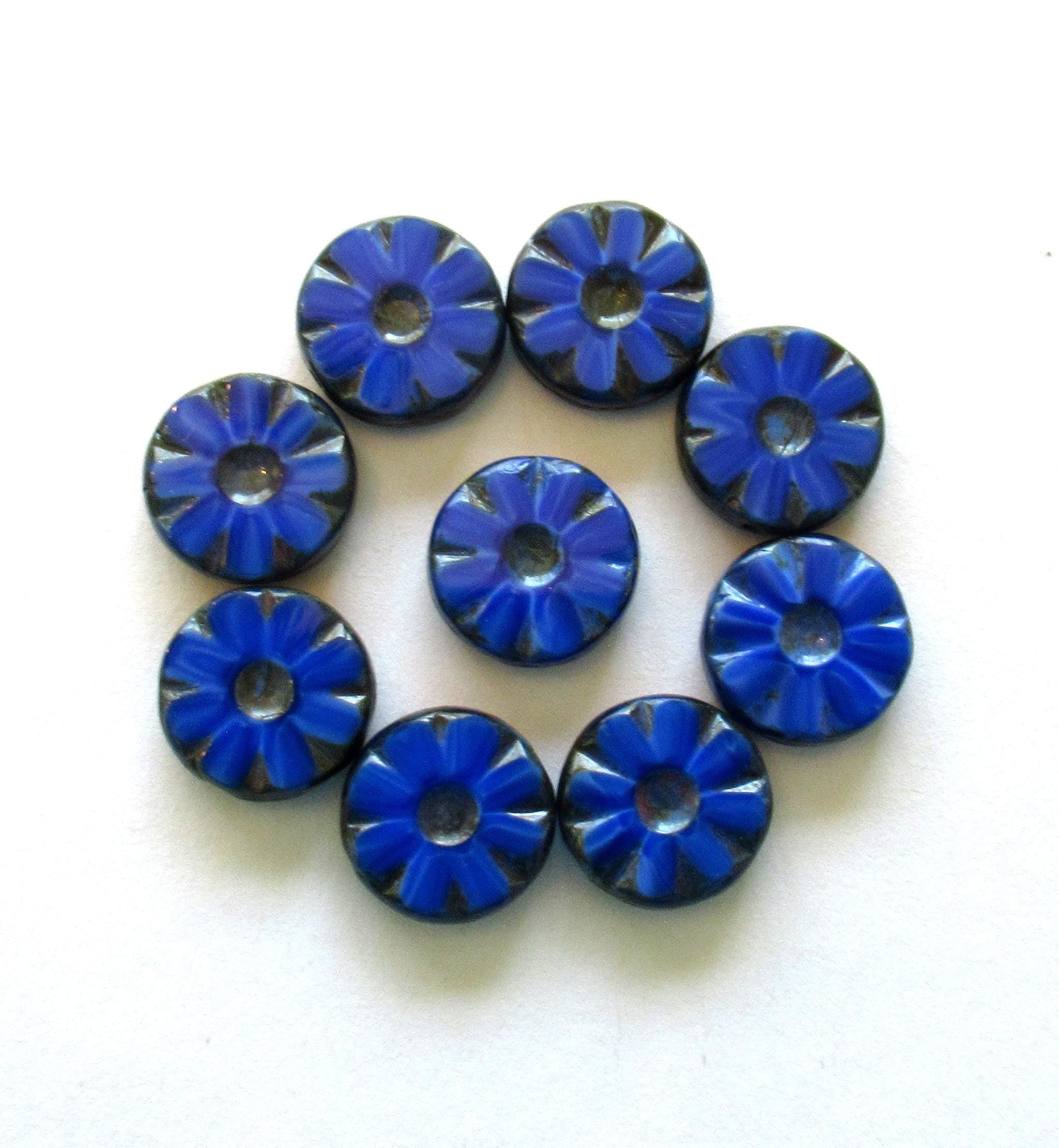 Czech glass flower wheel or coin beads - opaque royal blue silk picasso beads - table cut carved, beads - 10 beads - 12mm x 4mm - C00091