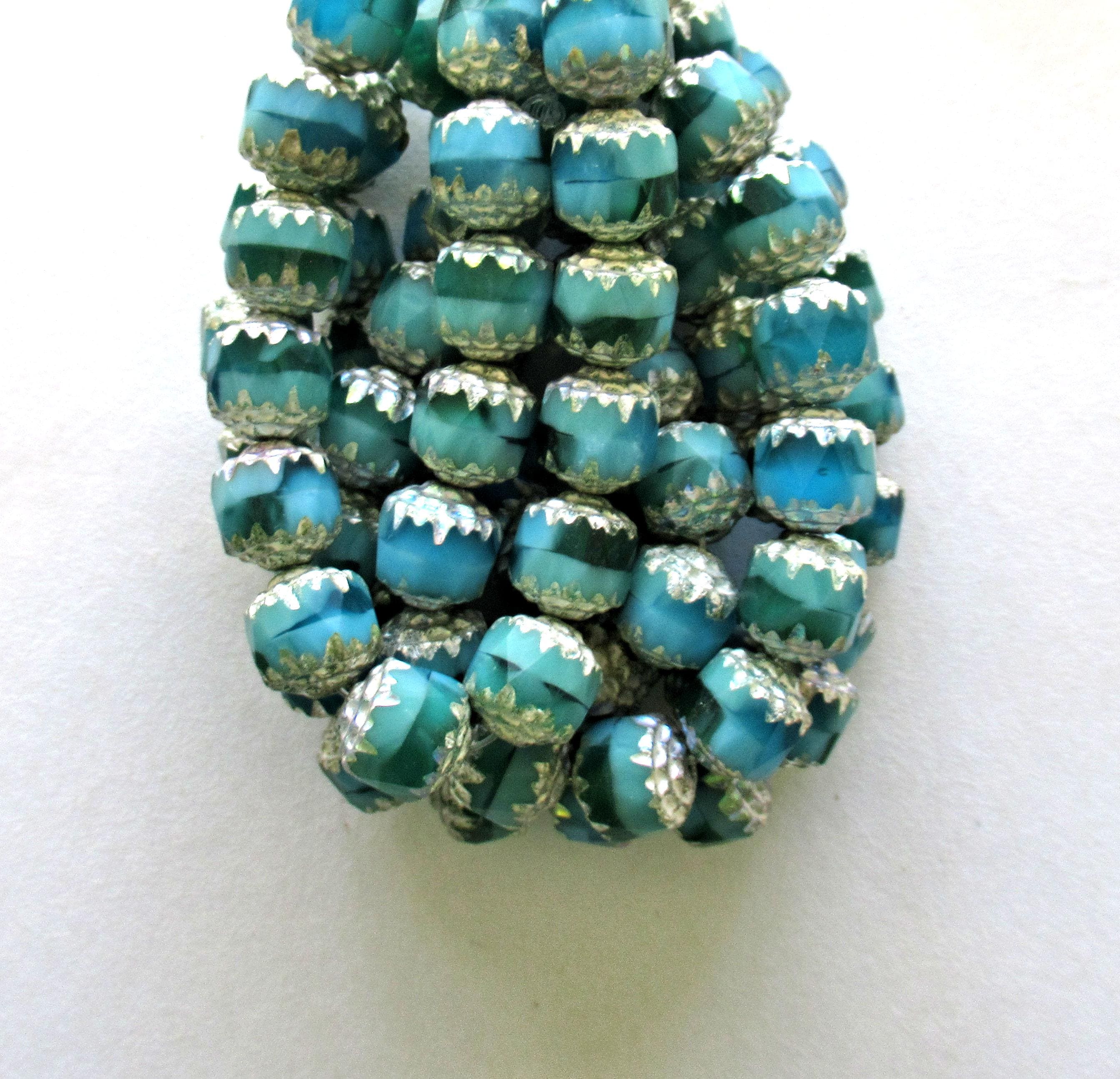 Fifteen 8mm Czech glass cathedral beads - blue & green mix w/ antique silver picasso accents - faceted fire polished antique cut beads 00542
