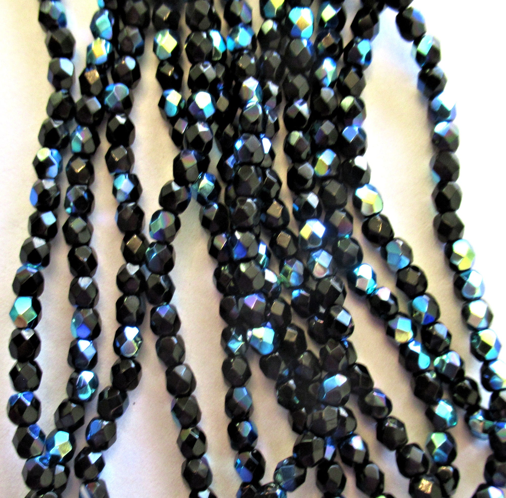 Fifty 3mm Czech glass beads - jet black ab - round faceted fire polished beads - C0094