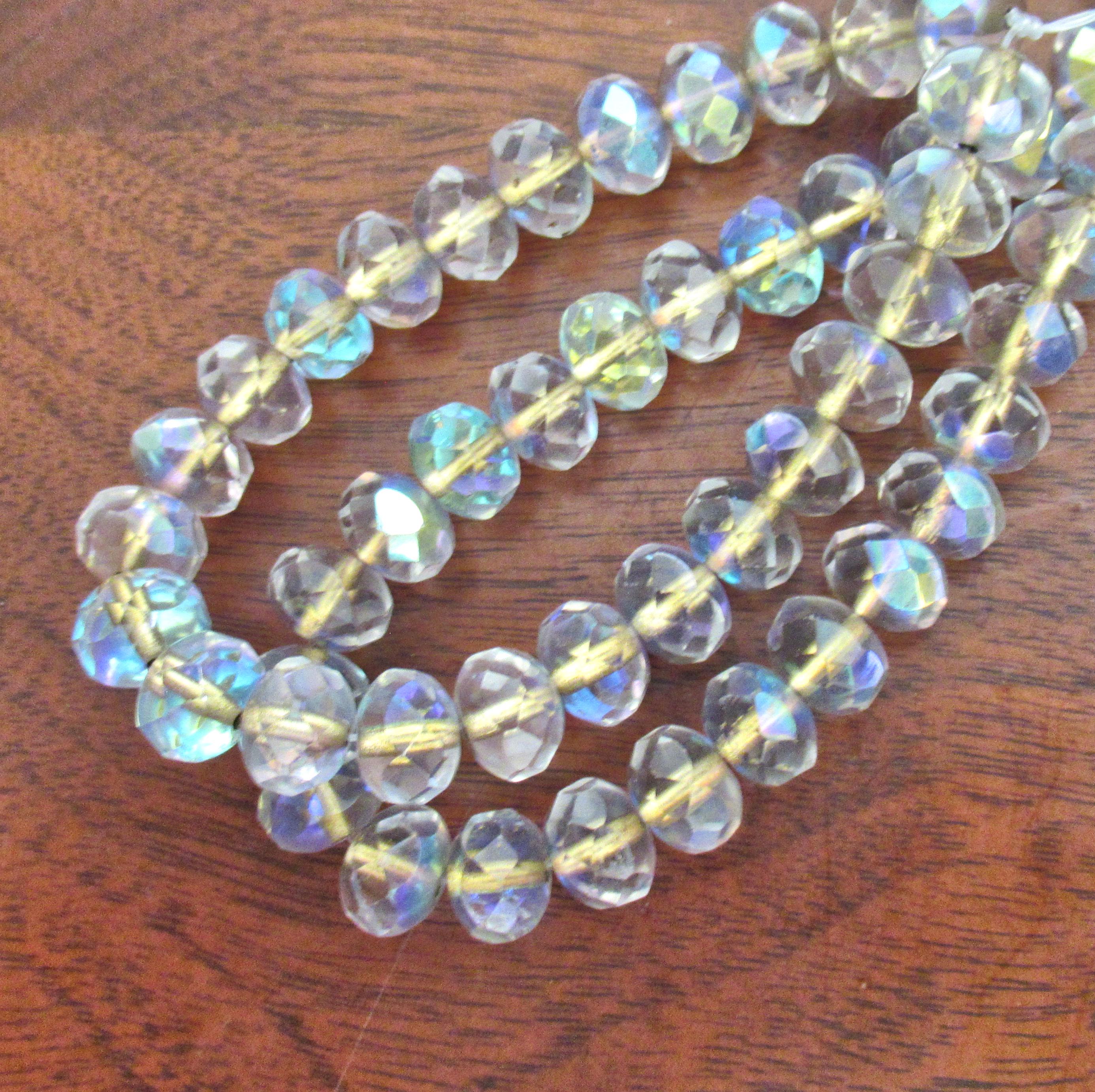 25 Czech glass puffy rondelle beads - 6 x 8mm transparent gold lined crystal clear ab beads - faceted fire polished rondelles 00971