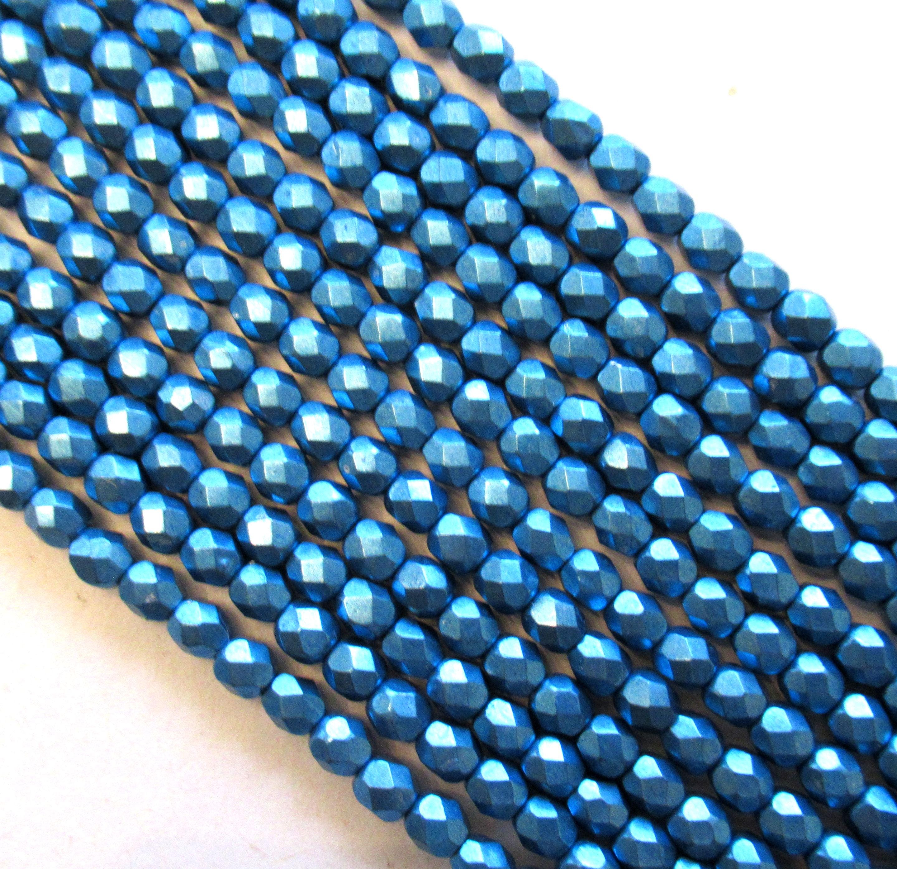 50 4mm Czech glass blue beads - saturated metallic nebulas blue - faceted fire polished round beads - C0084