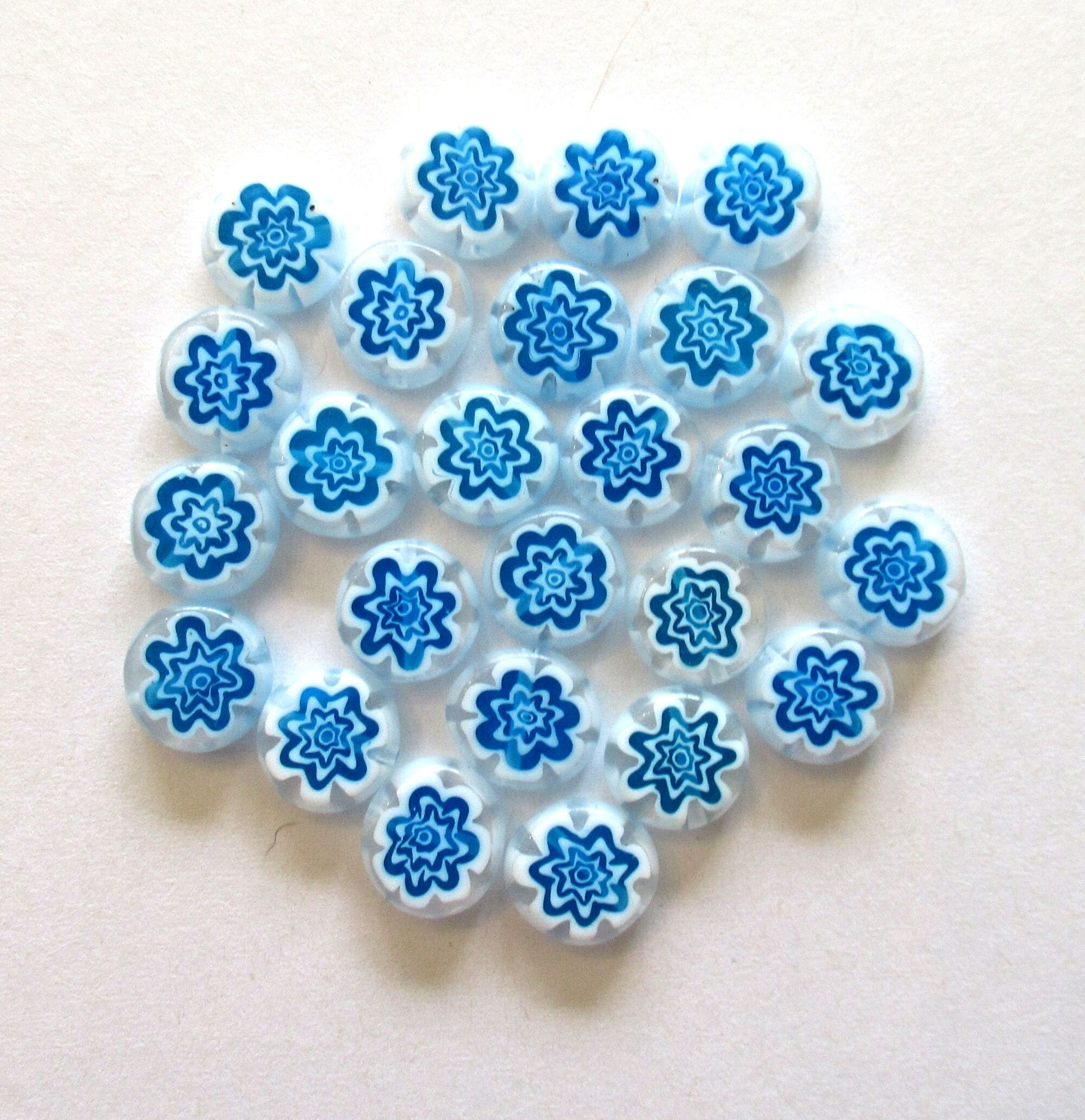 Ten 10mm cane or millefiori glass beads - aqua blue and white coin or disc beads - C0095