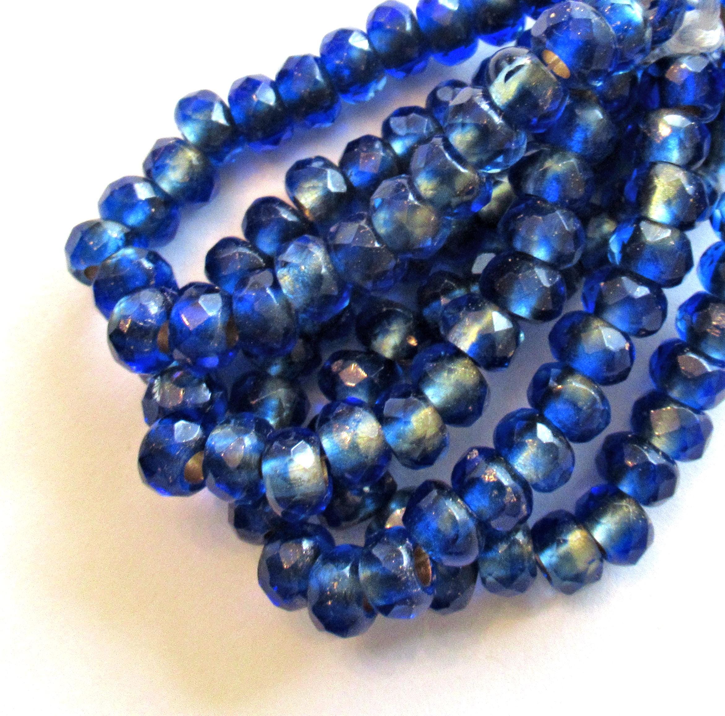 Ten Czech glass roller beads - 9 x 6mm matte sapphire blue gold lined beads - faceted rondelles big 3.5mm hole beads C00621