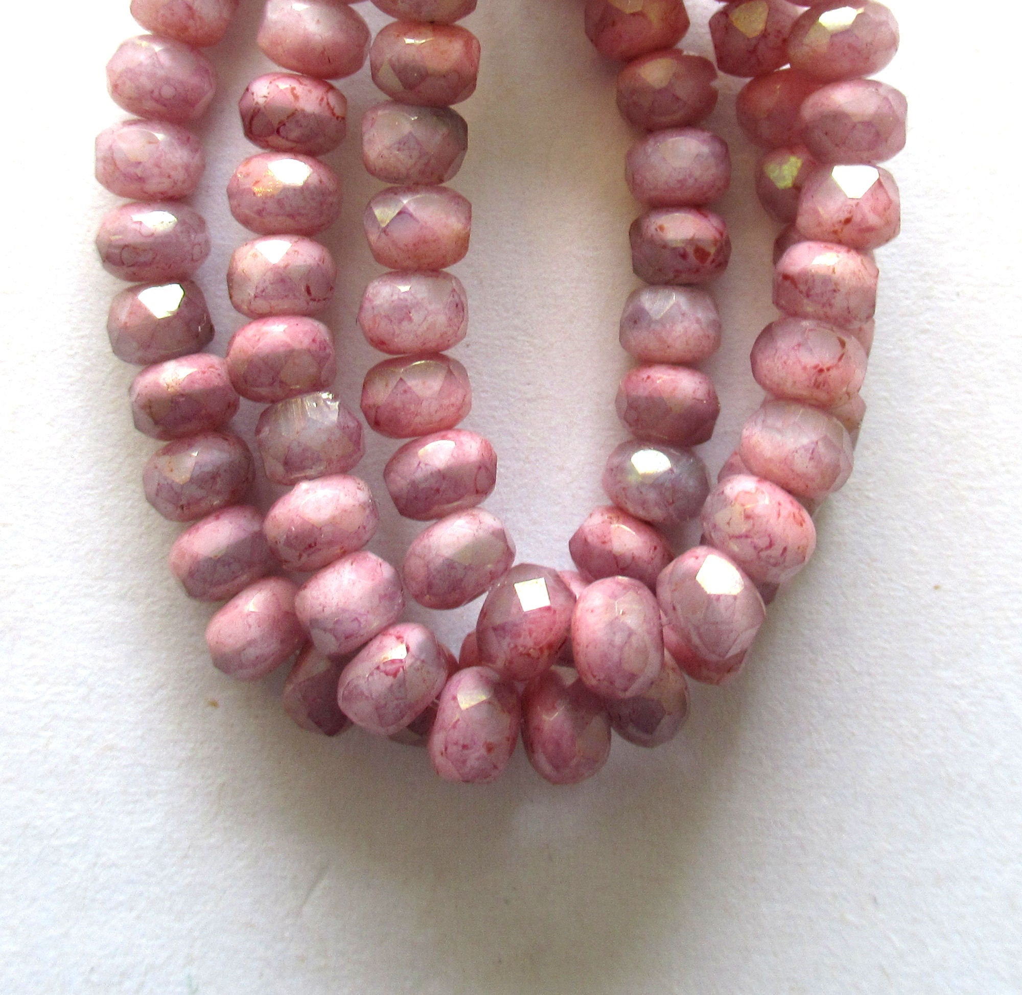 30 small Czech glass puffy rondelle beads - 3mm x 5mm opaque & transparent pink luster faceted fire polished rondelles - 00521