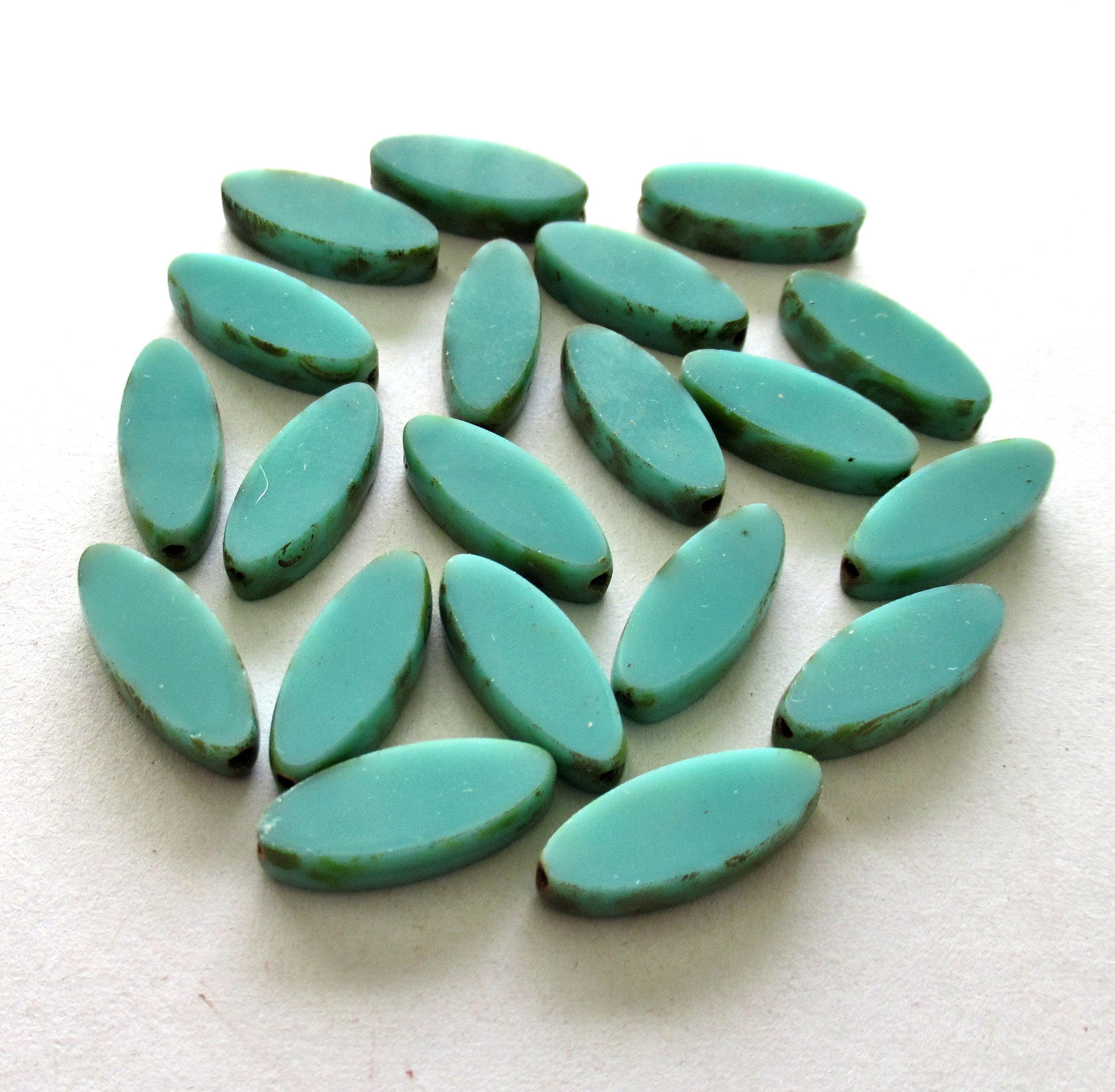 Ten Czech glass green spindle beads - 16 x 6mm - opaque light turquoise green picasso - oblong oval table cut glass beads - C00921