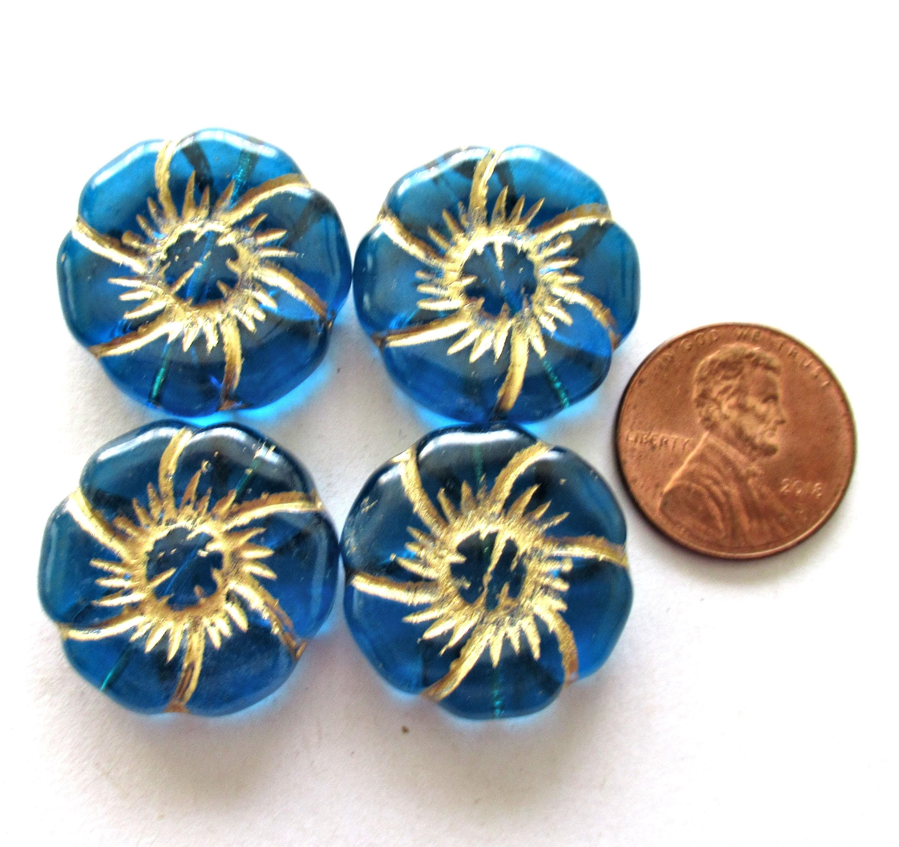 Two large 22mm Czech glass flower beads - transparent capri blue beads with gold accents - pressed focal or statement beads - 00011