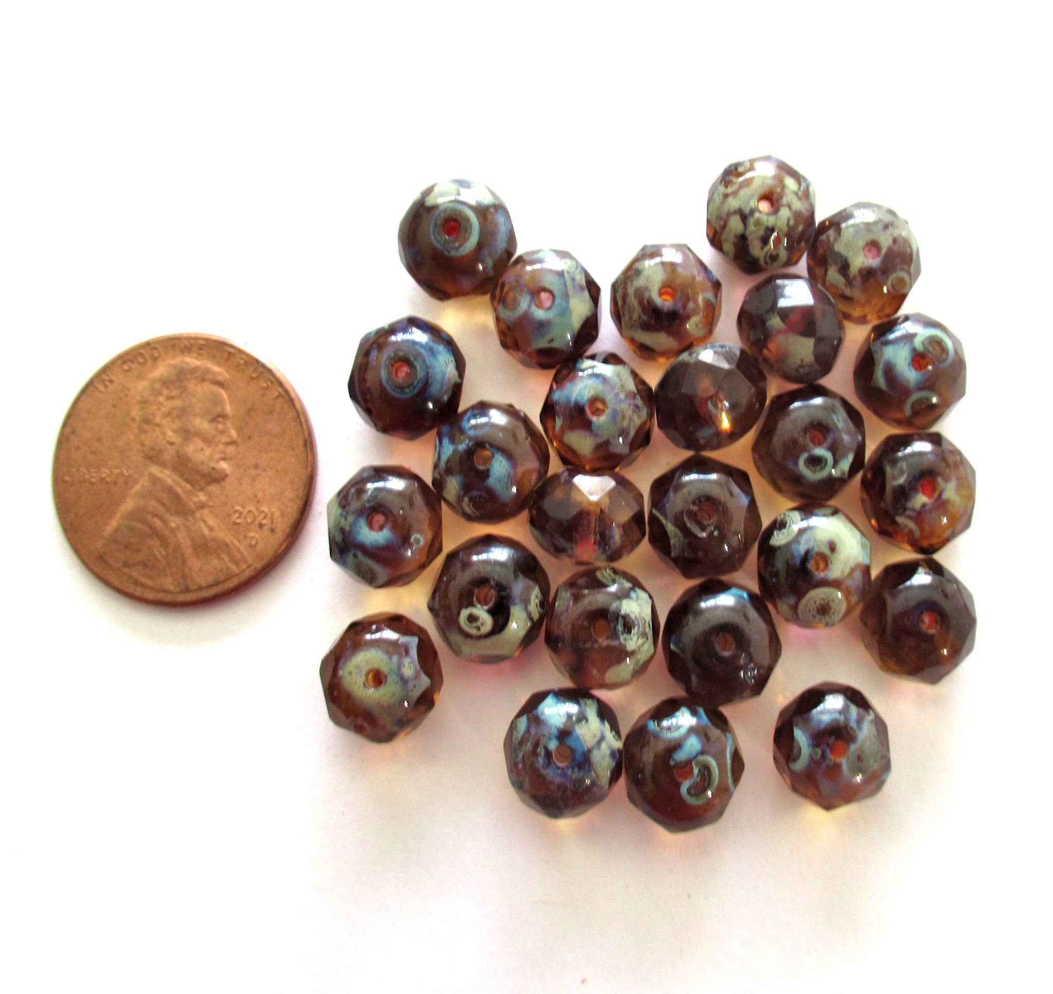 Lot of 25 Czech glass puffy rondelle beads - 6 x 8mm amethyst / purple & champagne picasso color mix faceted rondelles C00072