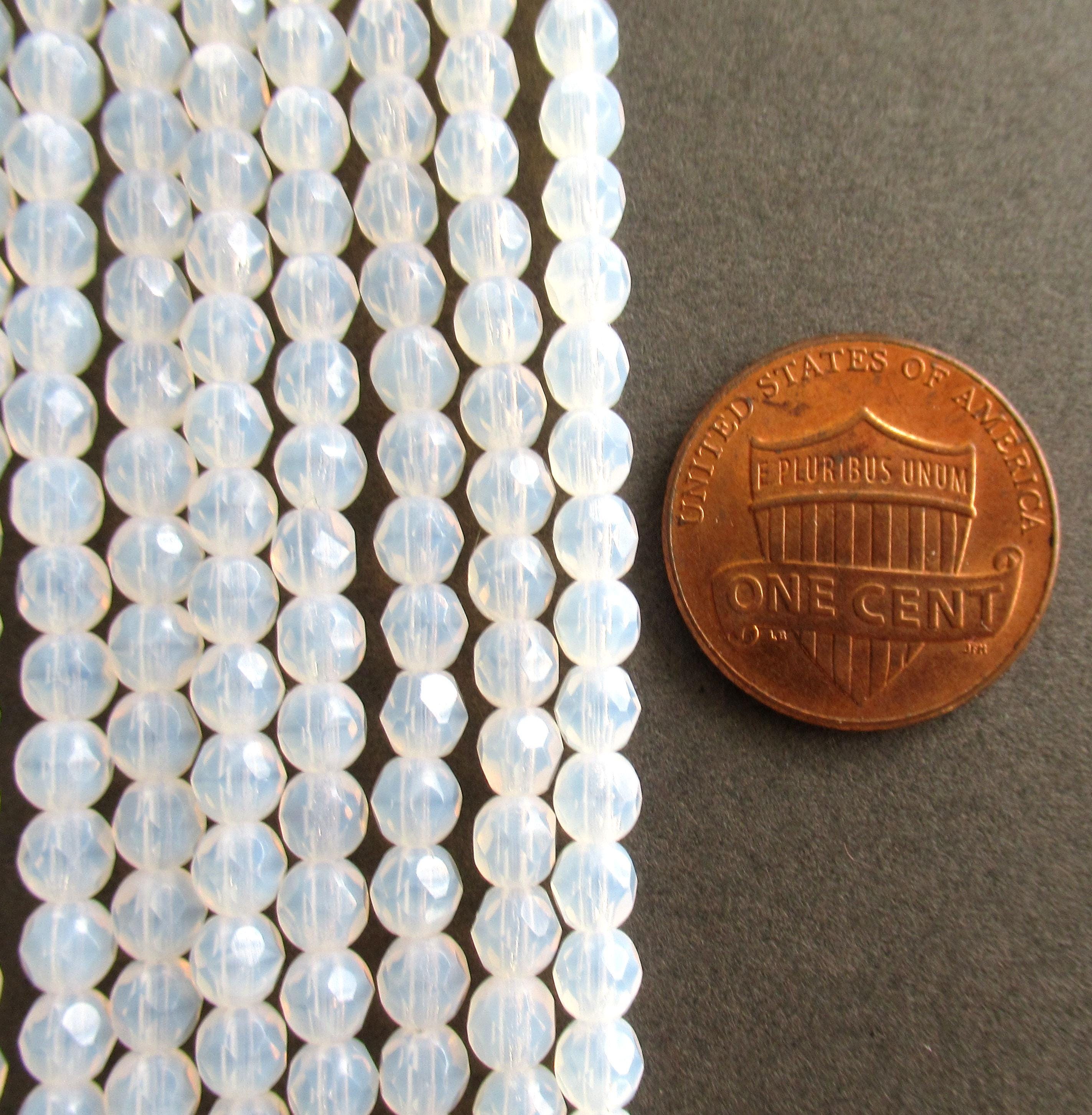 50 4mm milky white Czech glass beads - translucent white opal - fire polished faceted round beads - C0055