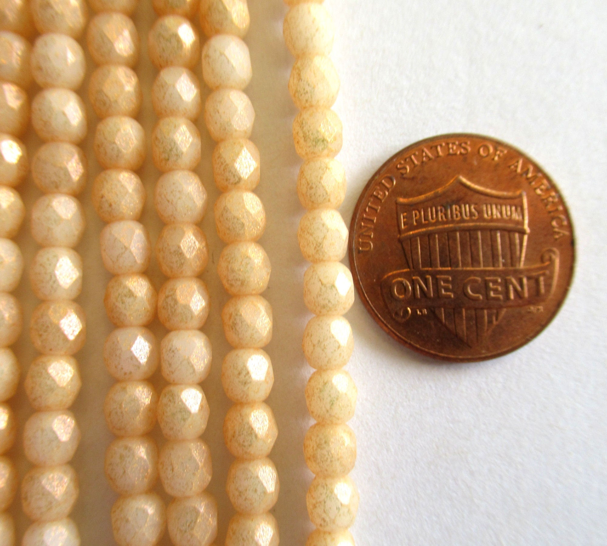 50 4mm Czech glass beads - Milky Antique Shimmer - off white beads w/ gold finish - round faceted fire polished beads - 0014