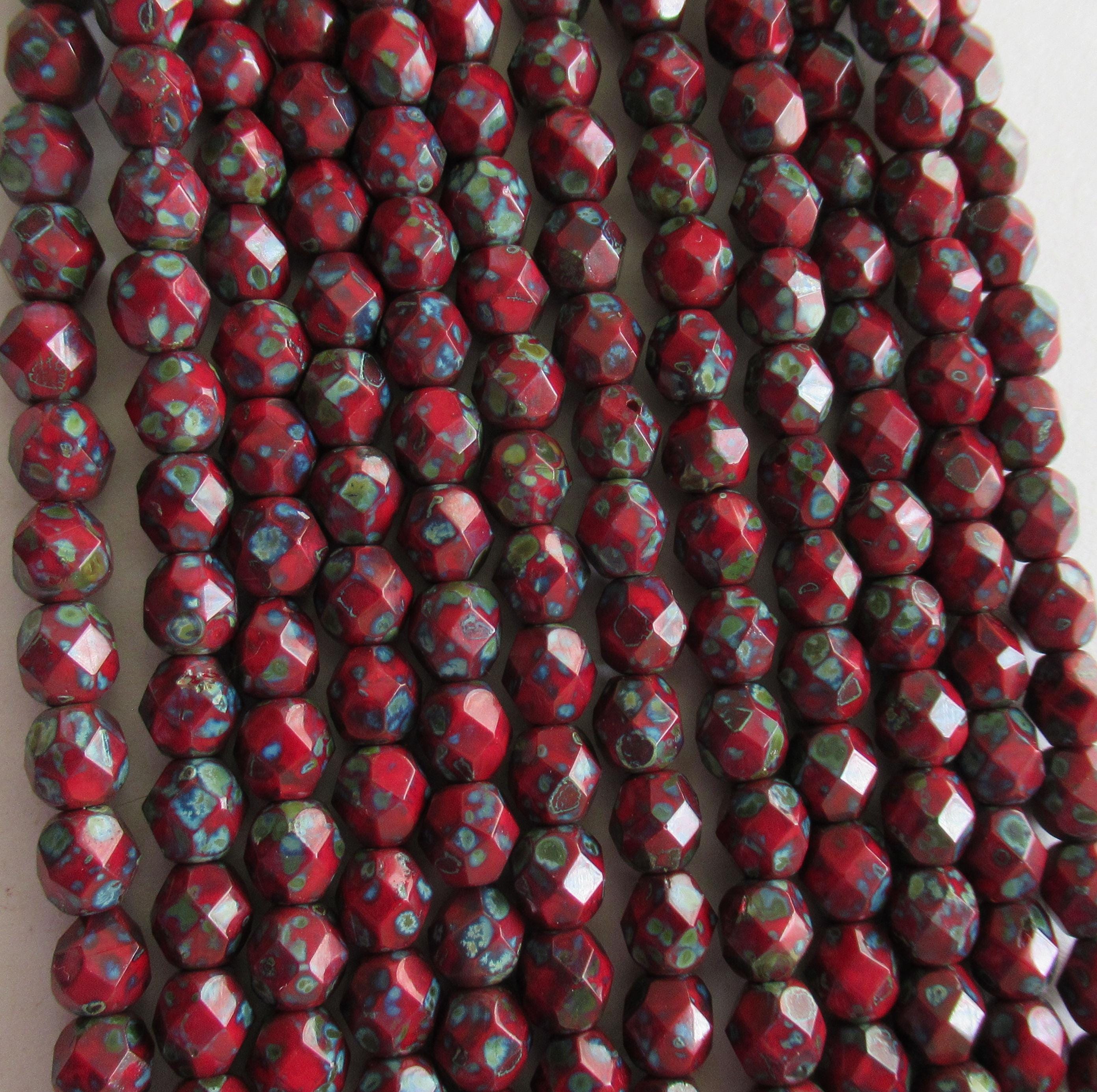 25 6mm - Czech glass faceted beads - opaque red w/ full picasso coat - earthy - rustic - fire polished - round beads C0065