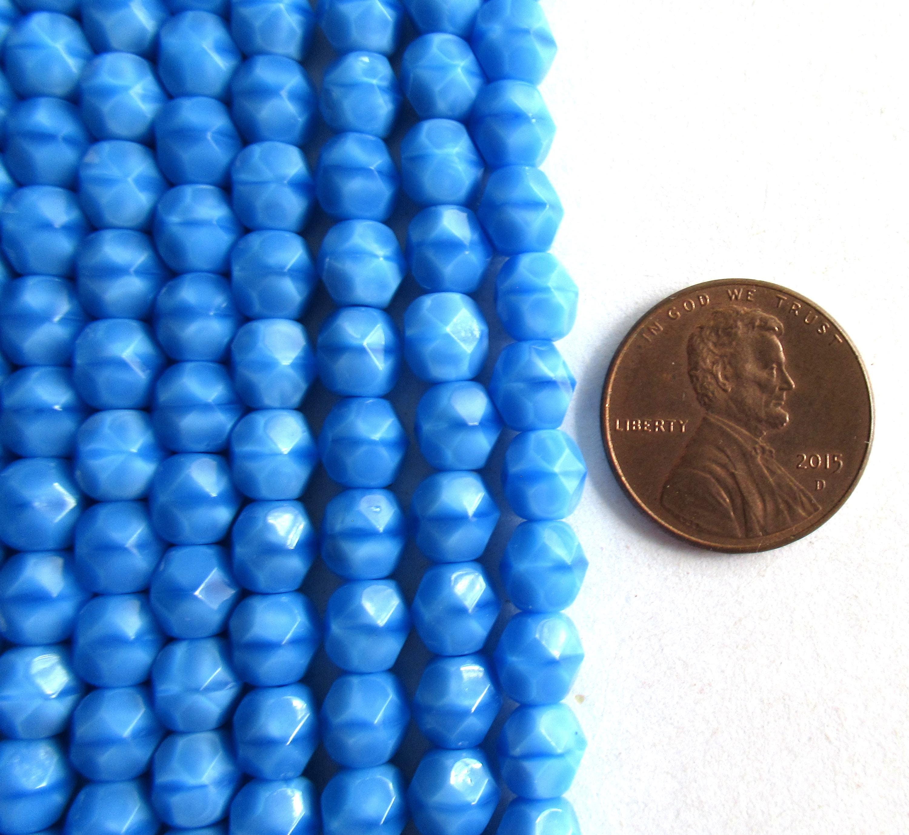 25 6mm Czech glass beads - dark sky blue coral silky beads - fire polished faceted round beads - C0085