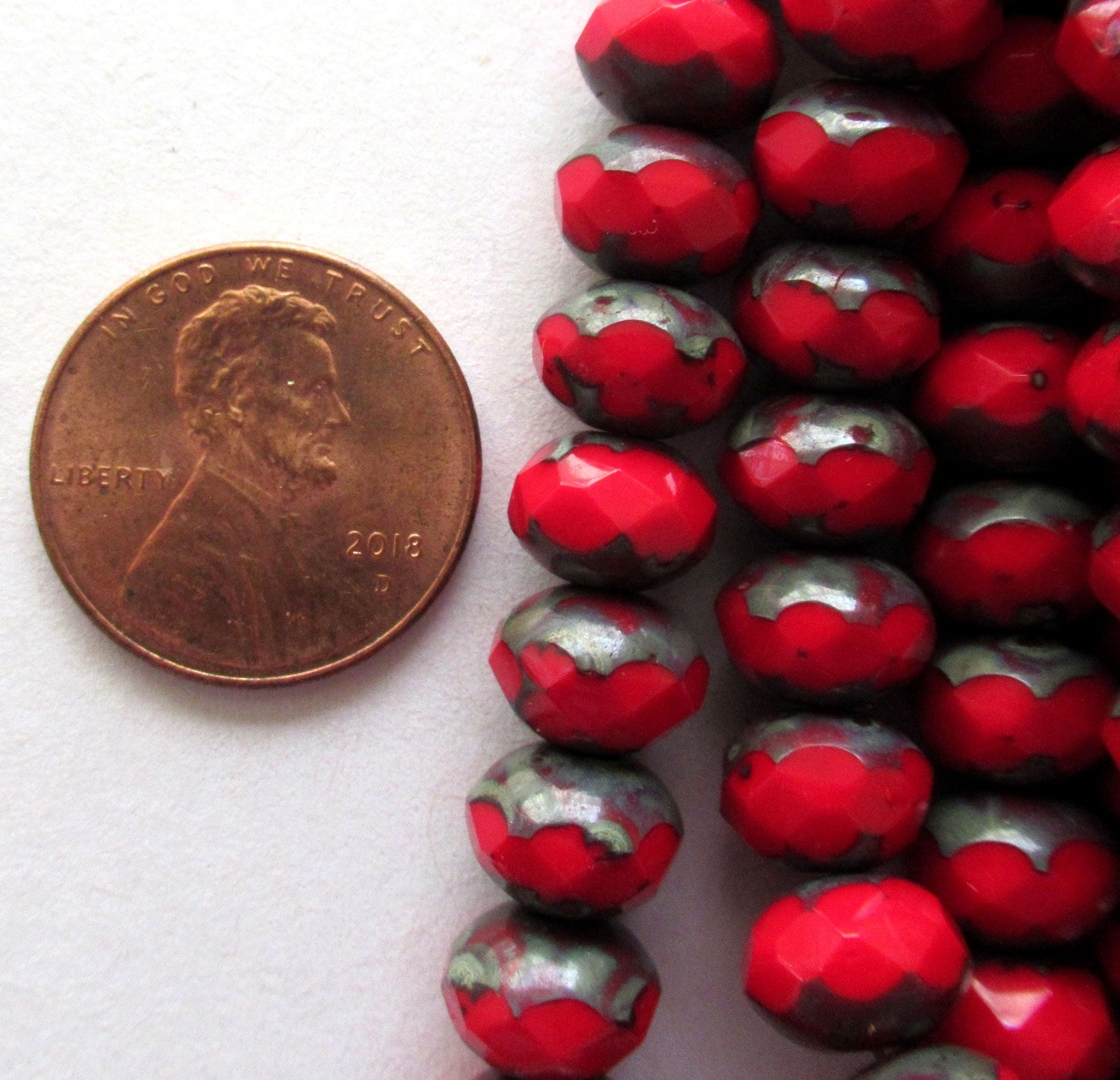 Twenty-five 6 x 8mm Czech glass puffy rondelles - opaque deep red picasso - faceted fire polished rondelle beads - 00822