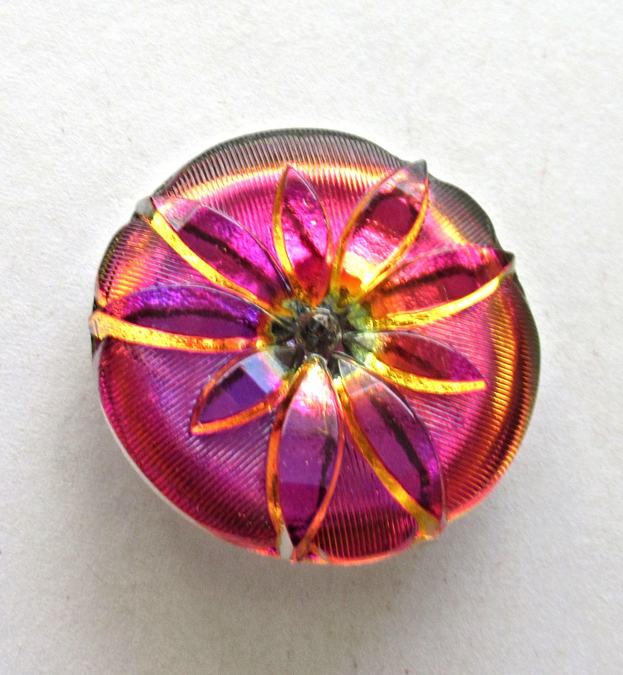 One large Czech glass flower button - iridescent pink & orange button - 35mm - decorative shank button - 00083