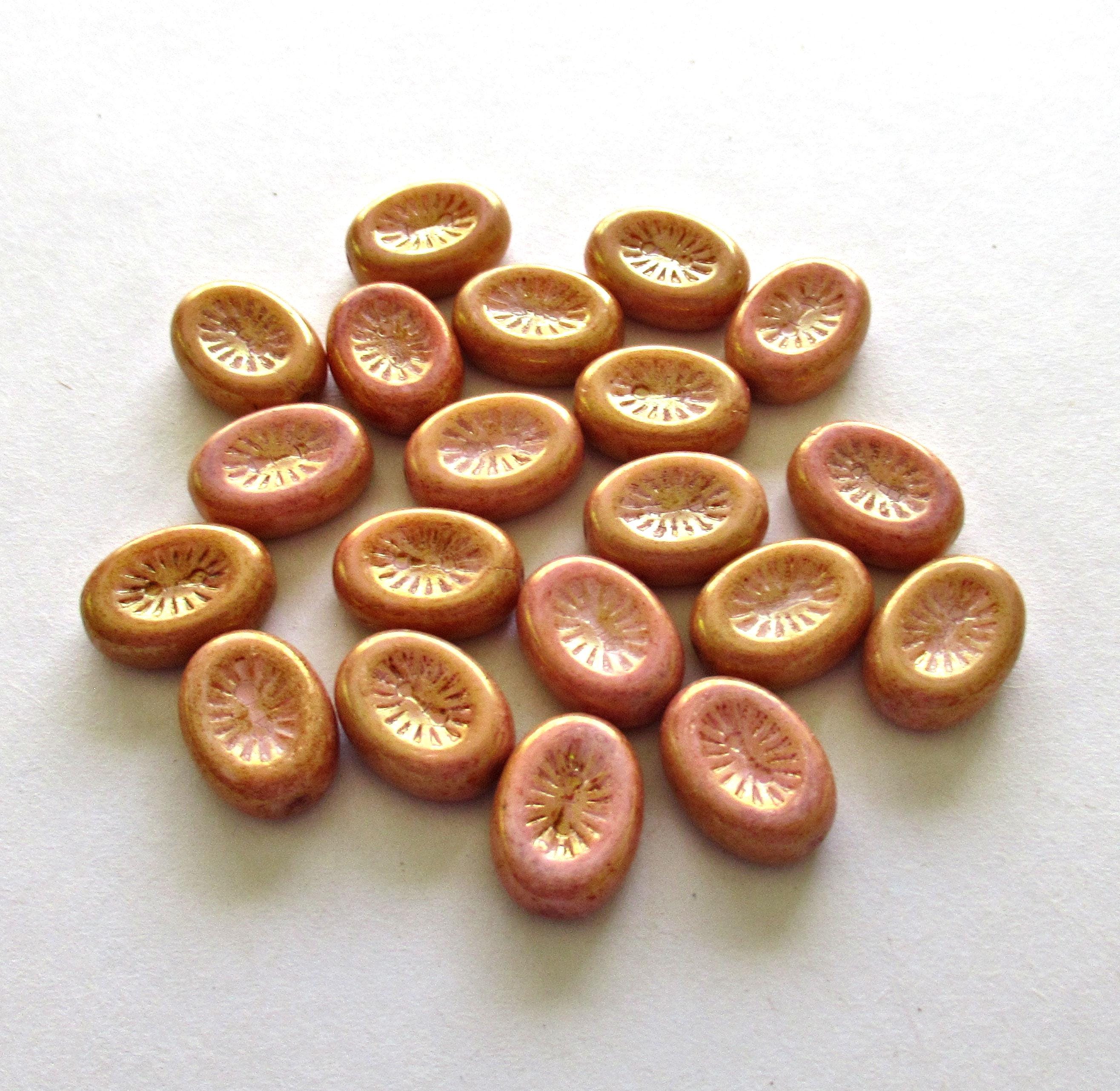 Ten 14 x 11mm Czech glass oval kiwi beads - opaque pink & peach mix - pressed glass beads - C00011