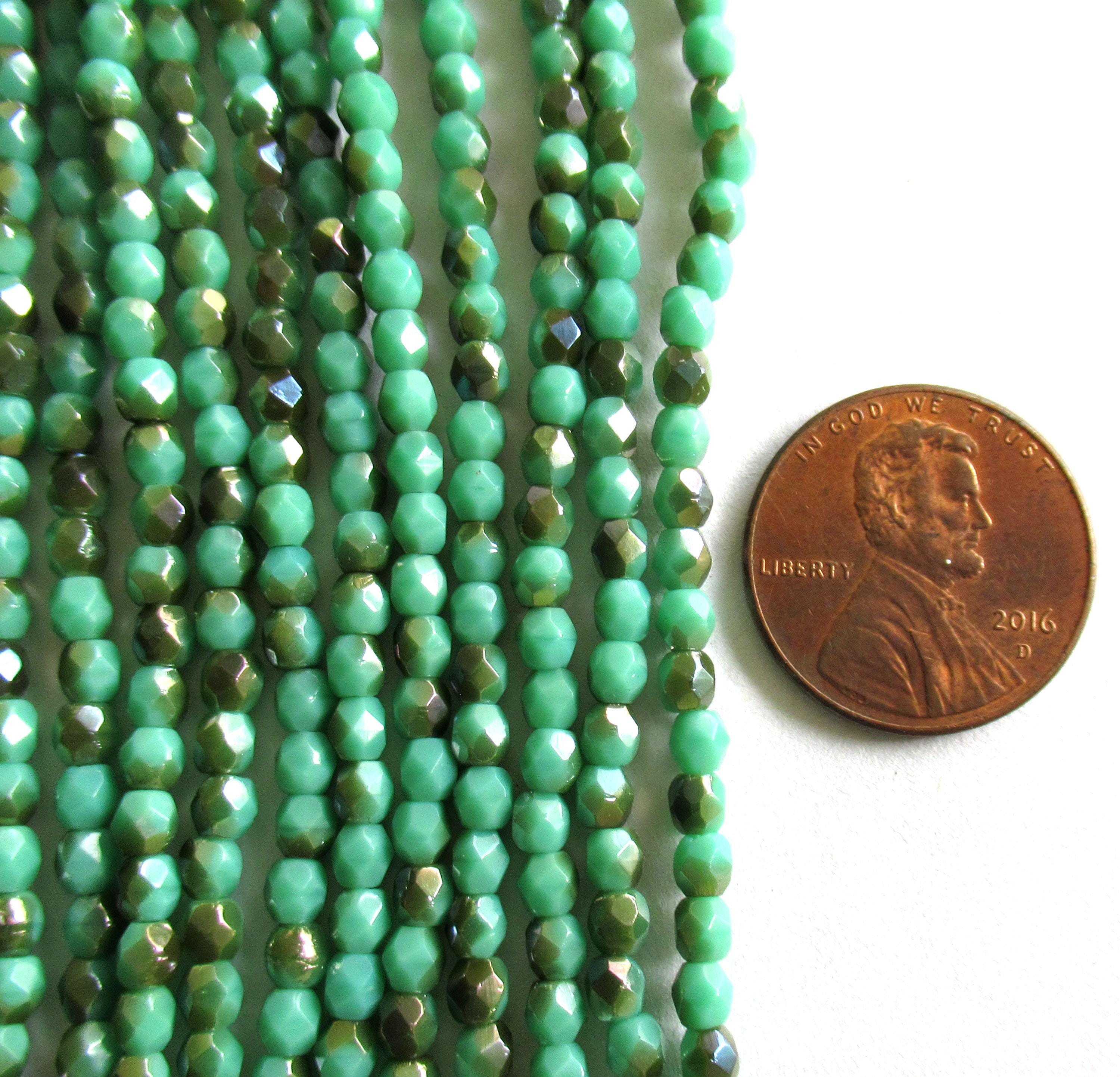 50 3mm Czech glass beads - opaque turquoise green celsian beads - fire polished faceted round beads - C0026