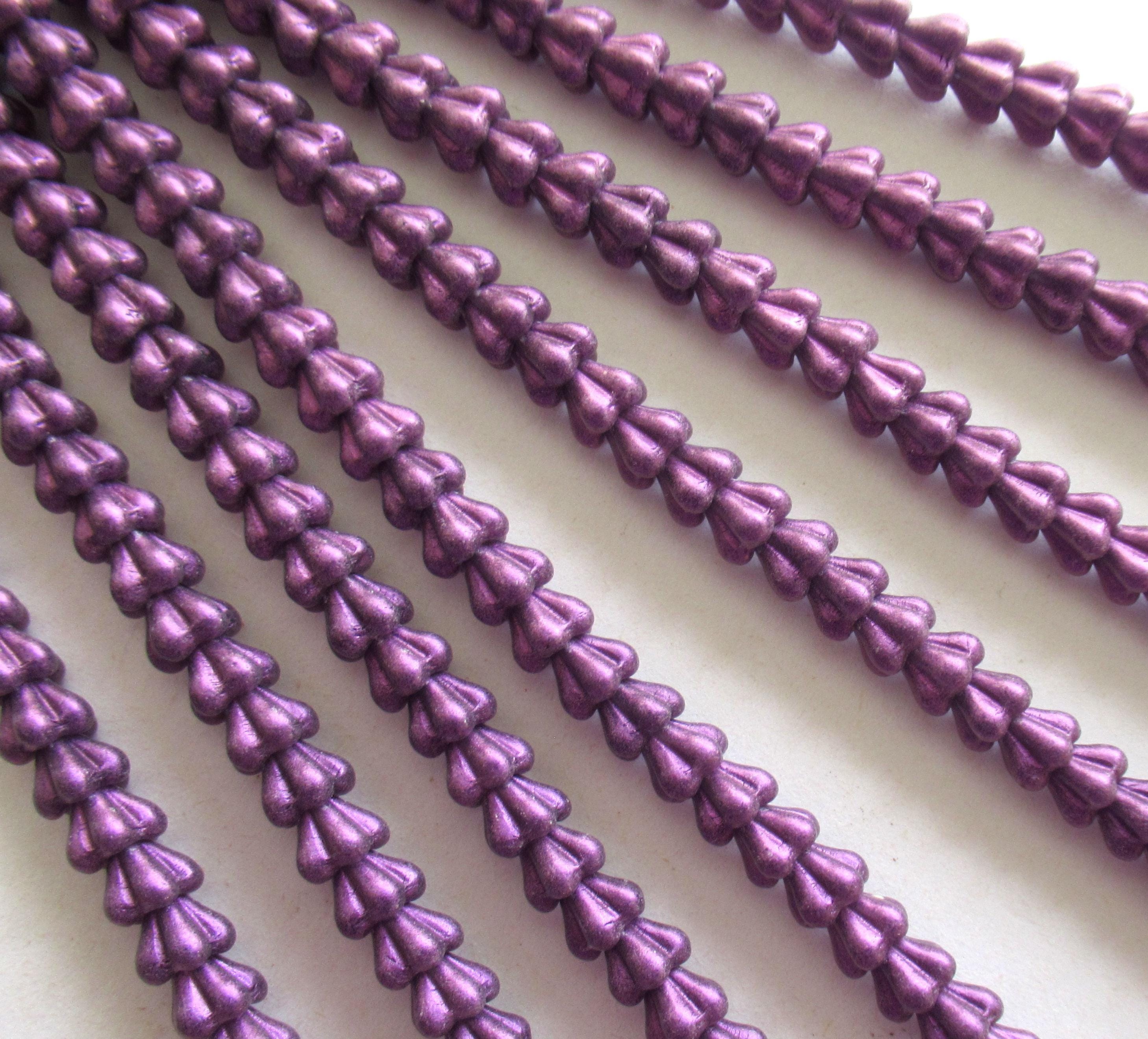 50 Czech glass baby bell flower beads - opaque matte metallic purple suede beads - 6mm x 4mm - pressed glass beads C0089