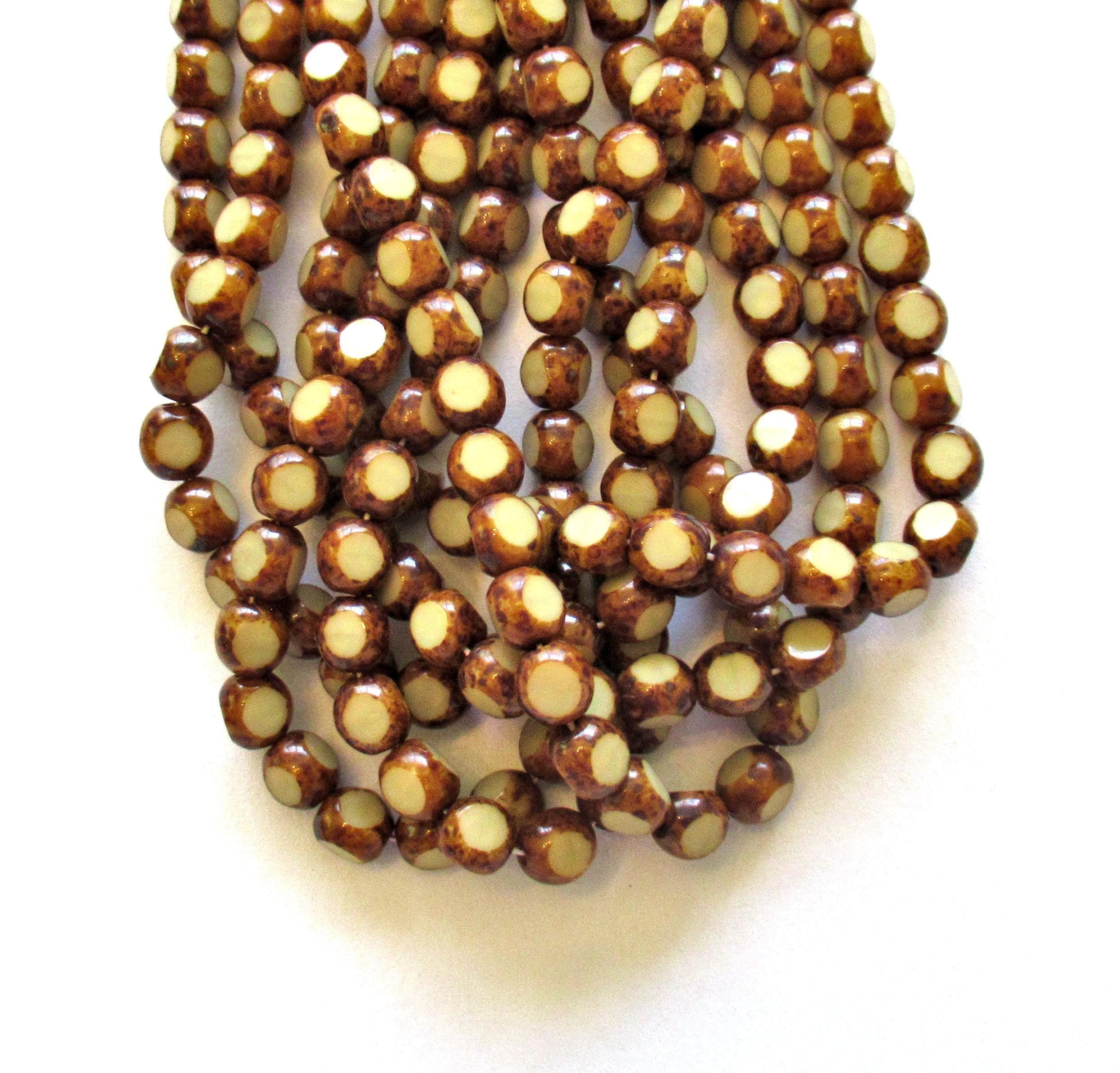 25 Czech glass tri-cut round beads - 6mm - off white or beige picasso beads - table cut rustic earthy window beads C0097