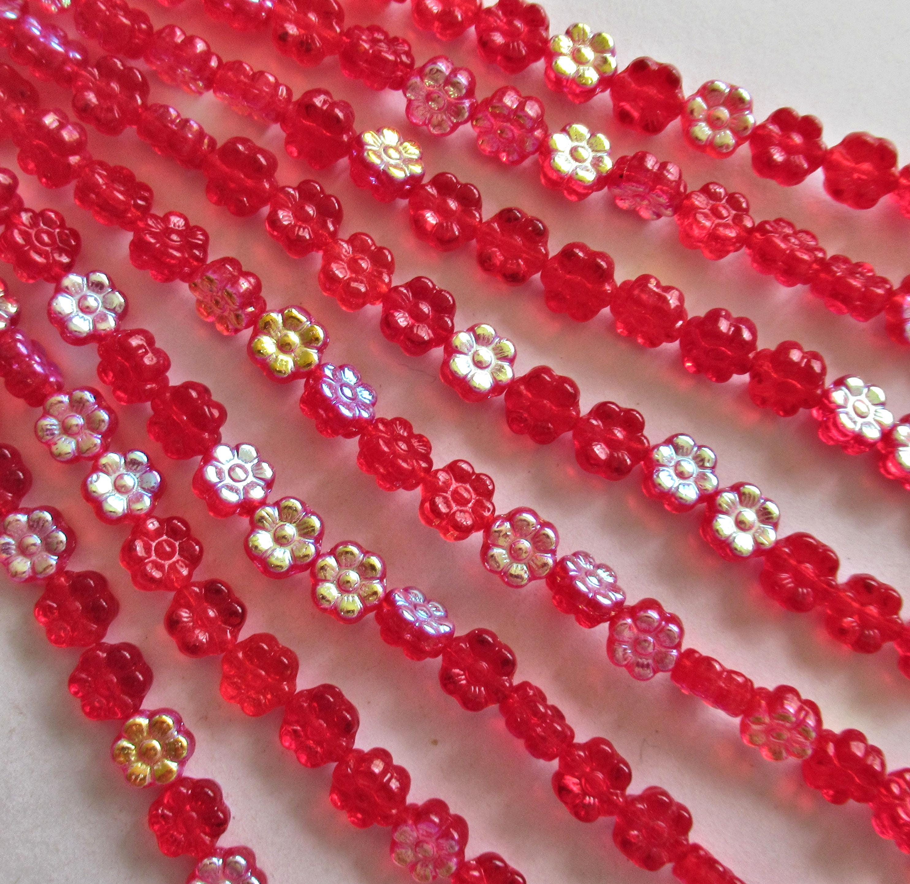 25 8mm Czech glass flower beads - bright siam red AB - pressed glass floral beads - C0074