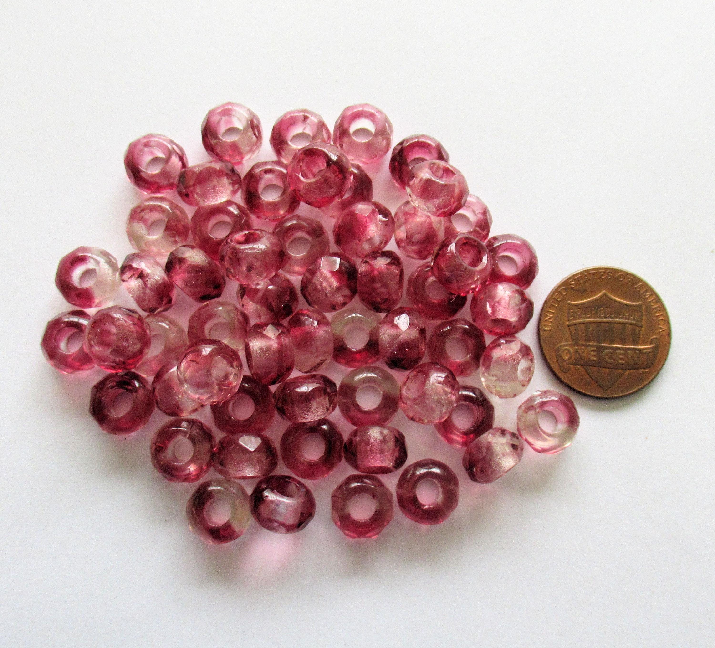 Ten Czech glass faceted roller beads - 9mm x 6mm - pink and crystal clear marbled tyre beads - big 3.38mm hole beads - C1901