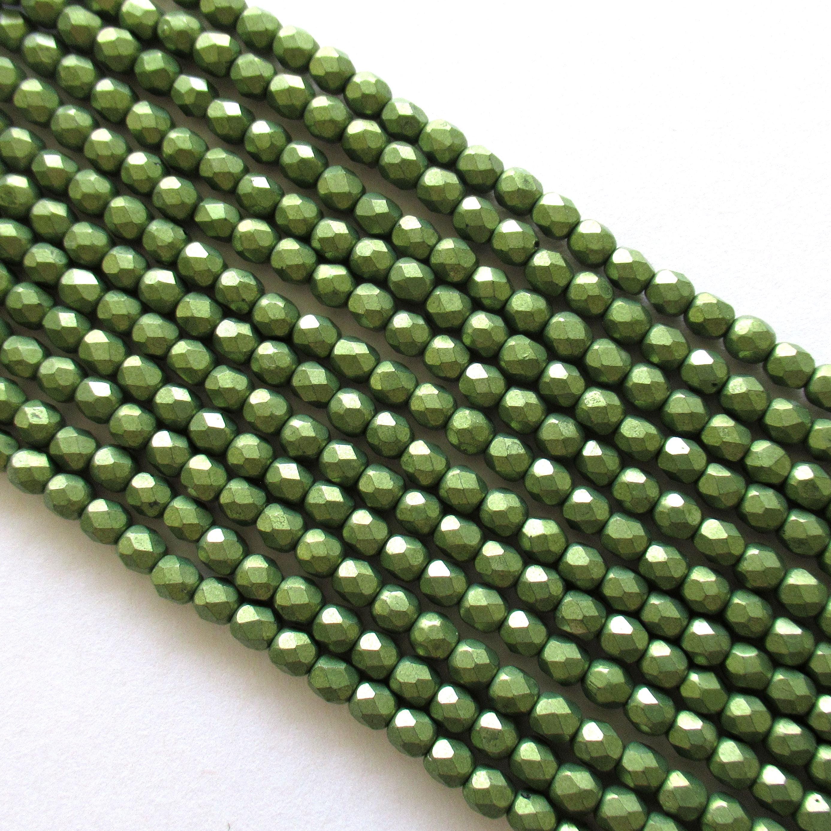 50 4mm Czech glass sage green beads - Saturated Metallic Greenery - fire polished faceted round beads - C0055