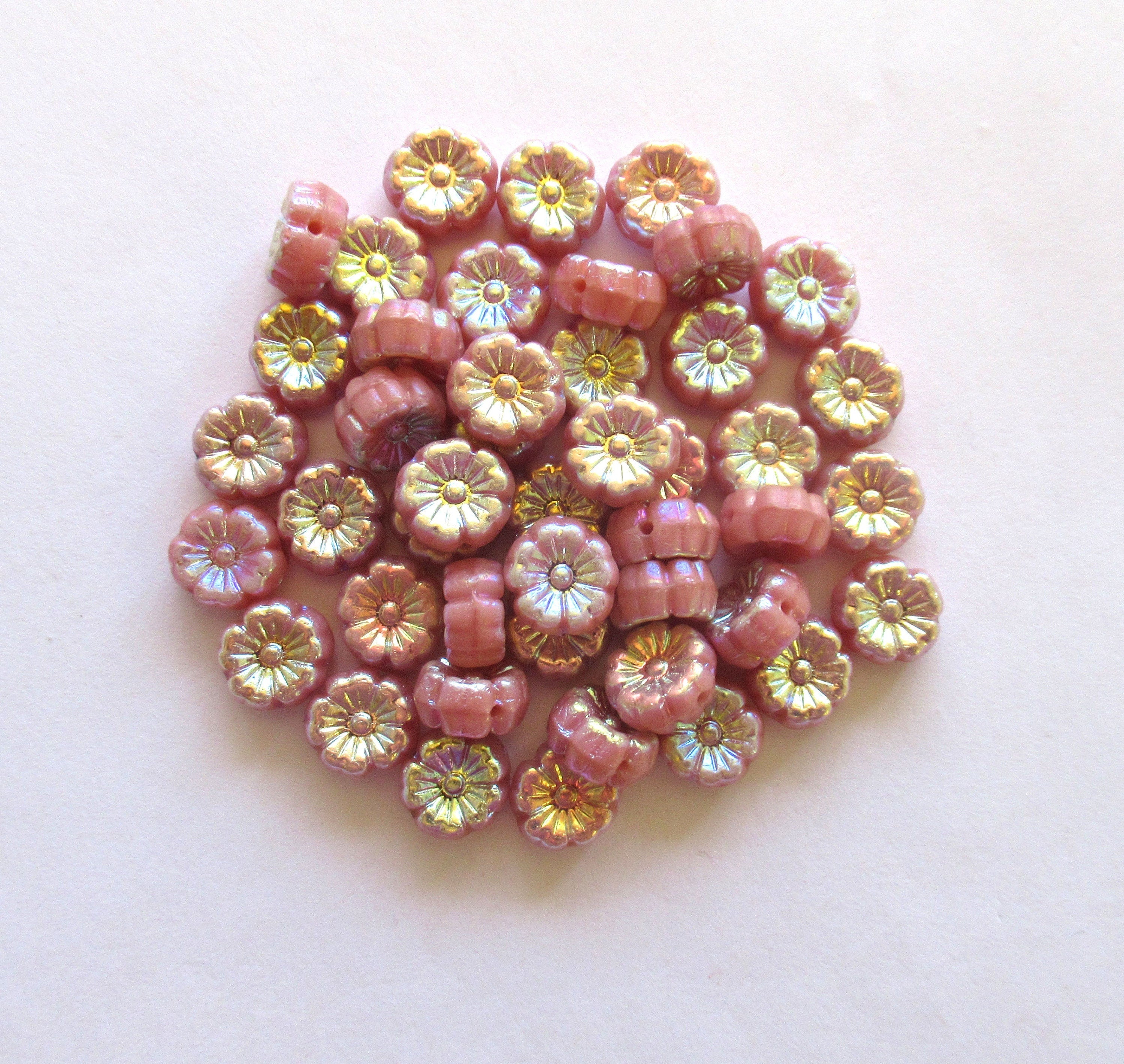 15 8mm Czech glass flower beads - opaque pink with an ab finish on both sides- Hawaiian hibiscus flower beads - C00501