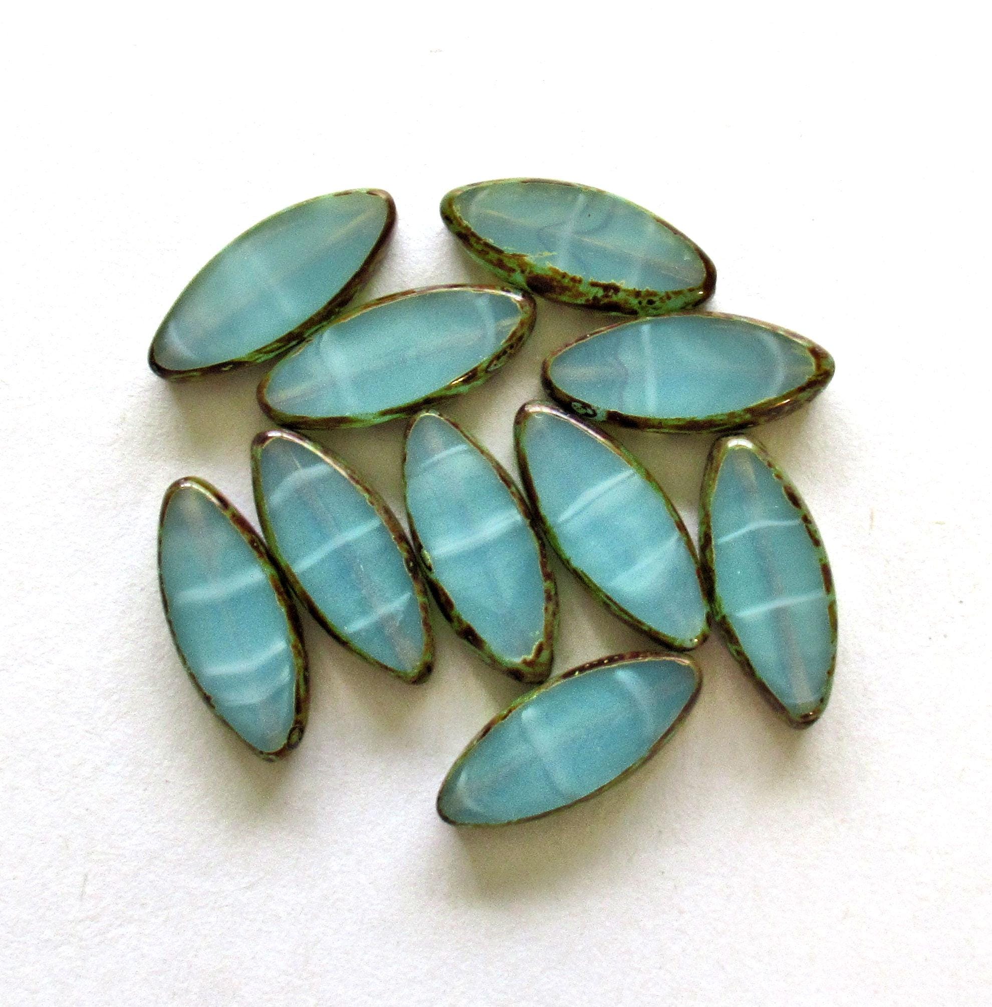 Ten Czech glass spindle beads - 7 x 18mm translucent sea-foam blue green striped picasso beads - oblong oval beads - table cut beads C00432