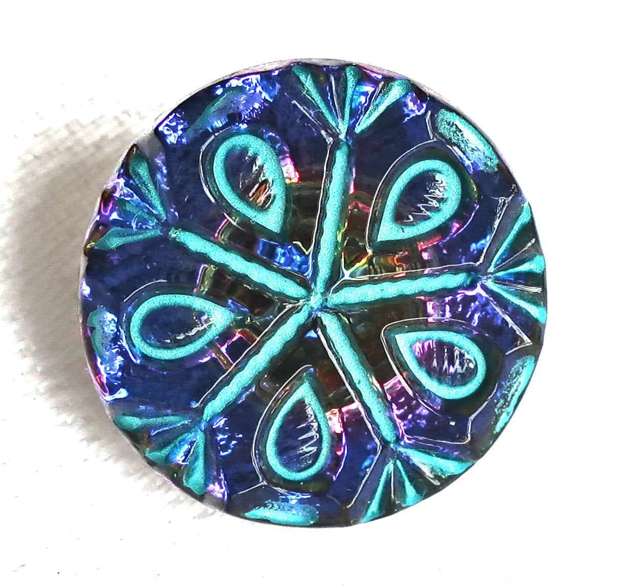 One 18mm Czech glass button, purple & blue iridescent snowflake with a turquoise wash, decorative shank button 53201