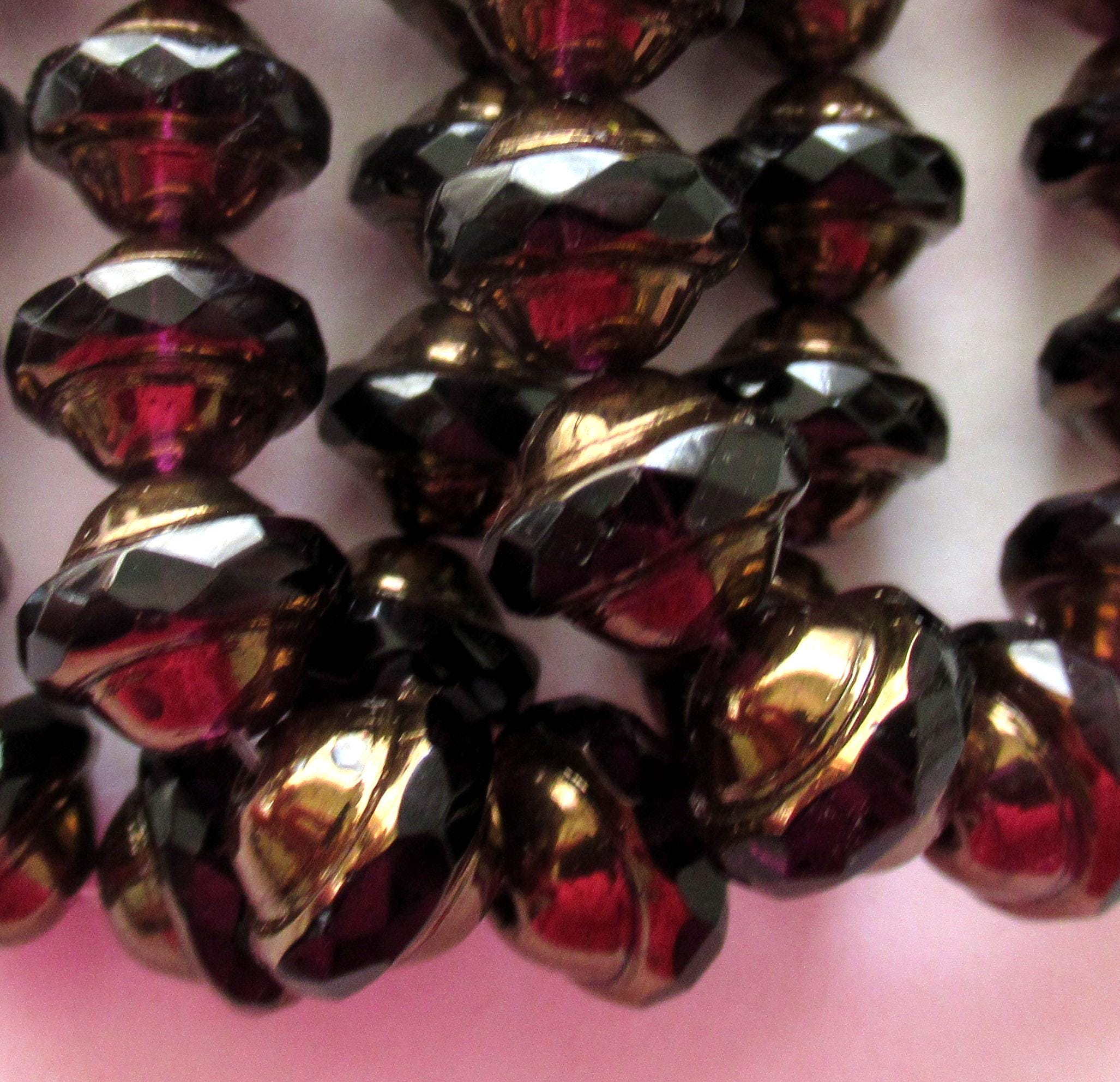 15 Czech glass saturn beads - 8 x 10mm transparent eggplant purple / amethyst - faceted saucer beads with bronze picasso accents C00102