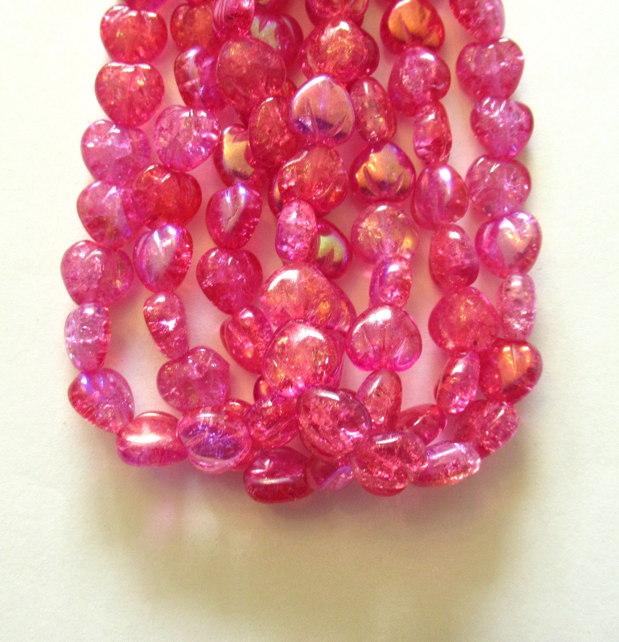 Ten Czech glass heart beads - 11mm bright hot pink crackle glass hearts with a metallic pink finish on one side of each bead- C0049