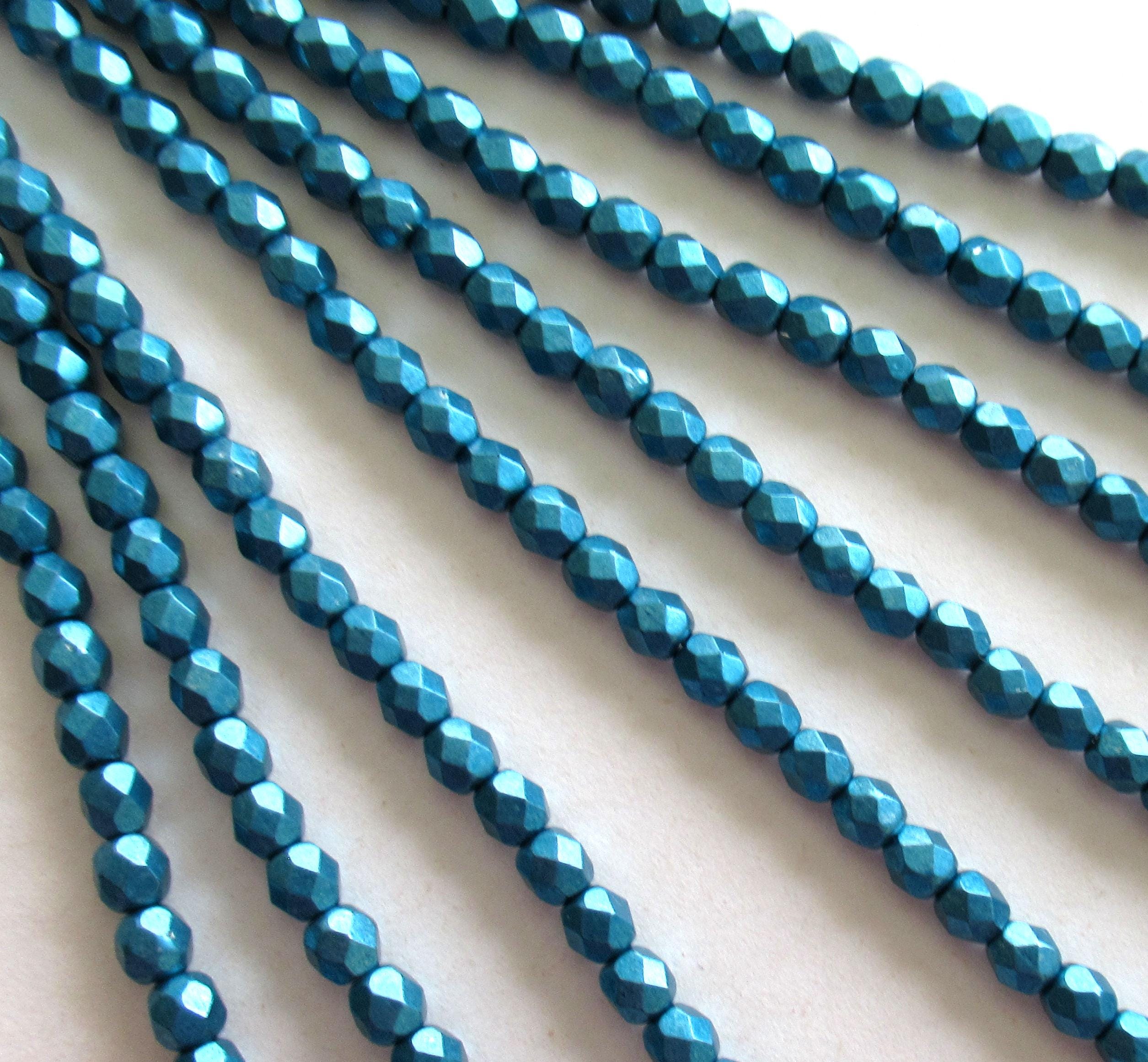 50 4mm Czech faceted round glass beads - saturated metallic shaded spruce blue - fire polished beads - C0084