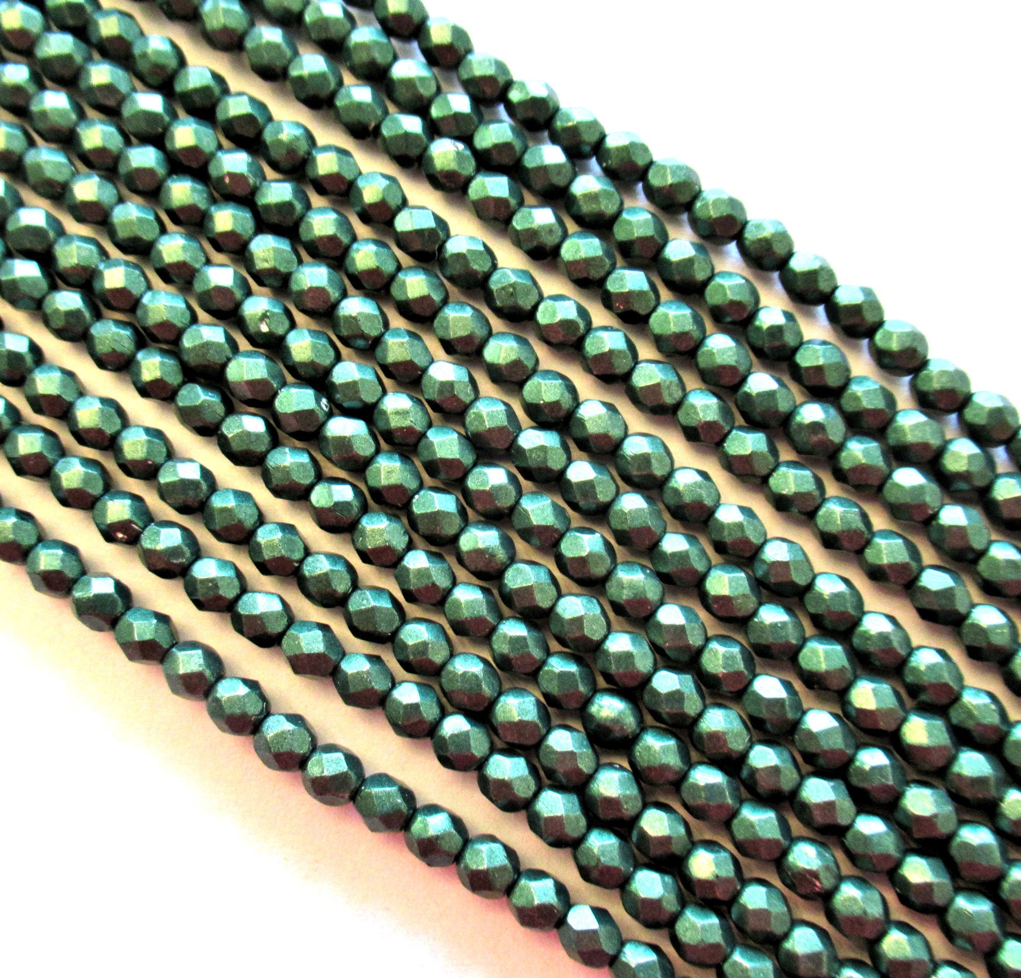 50 4mm Czech lass beads - saturated metallic martini olive green - round, faceted fire polished beads C0044