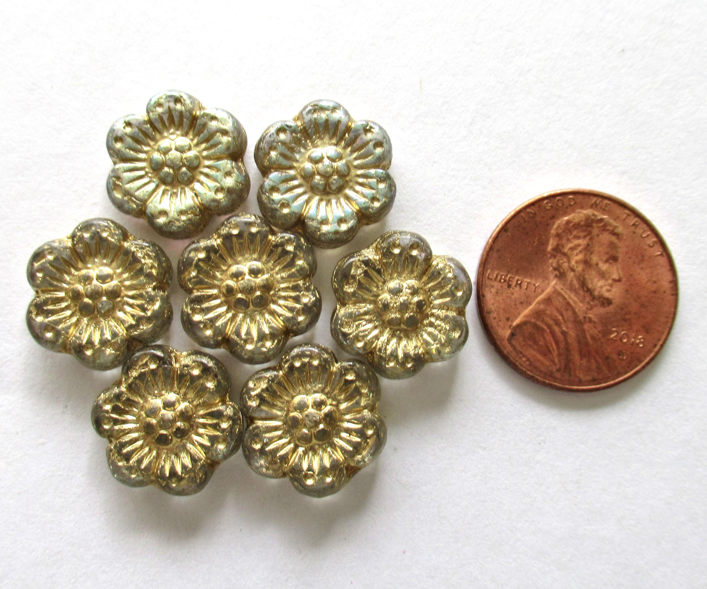 Twelve Czech glass wild rose flower beads - 14mm transparent crystal clear floral beads with a gold wash C00071