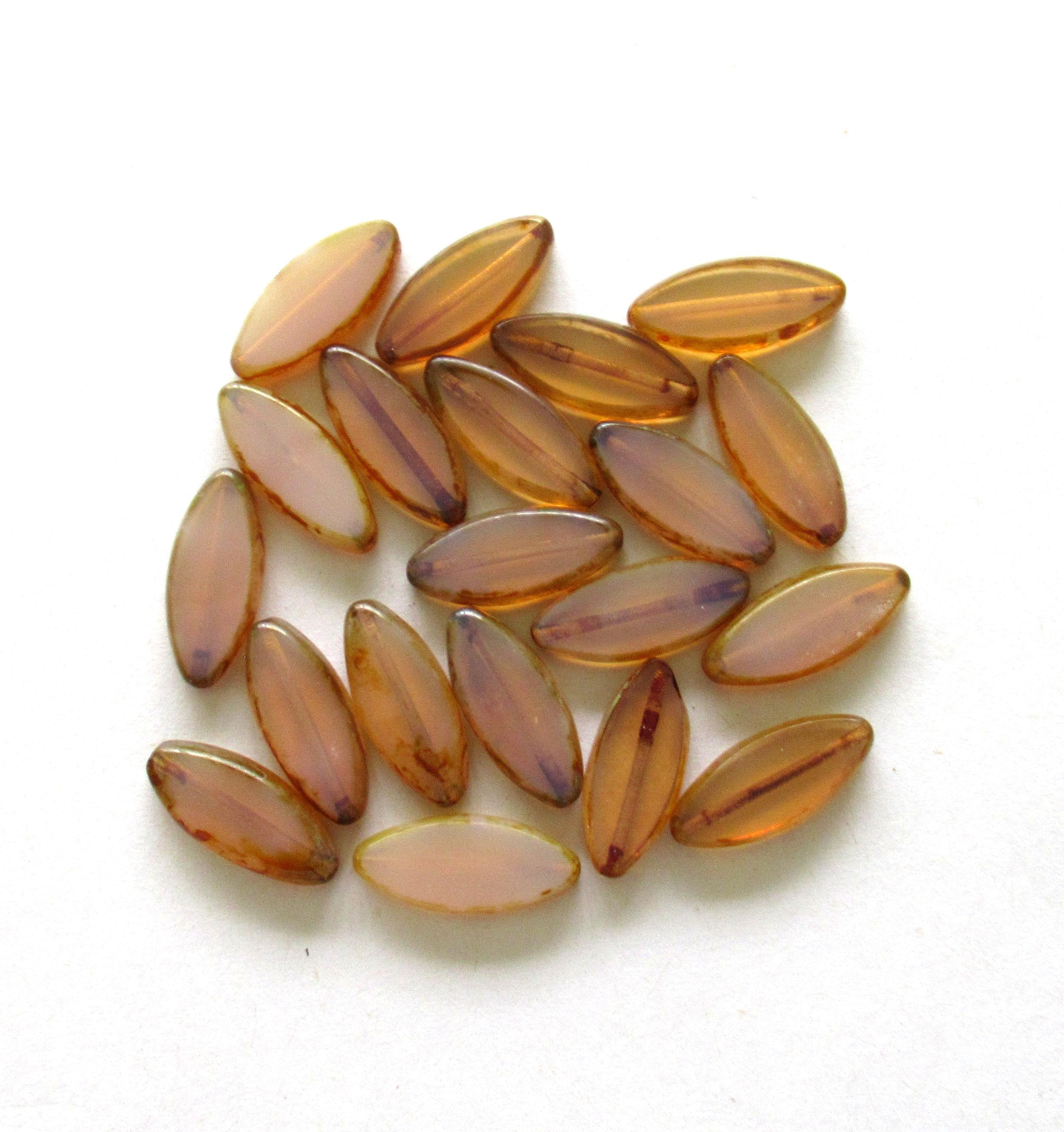 Ten Czech glass spindle beads - light pink opaline beads with a picasso finish - 17 x 8mm oval beads - 00791