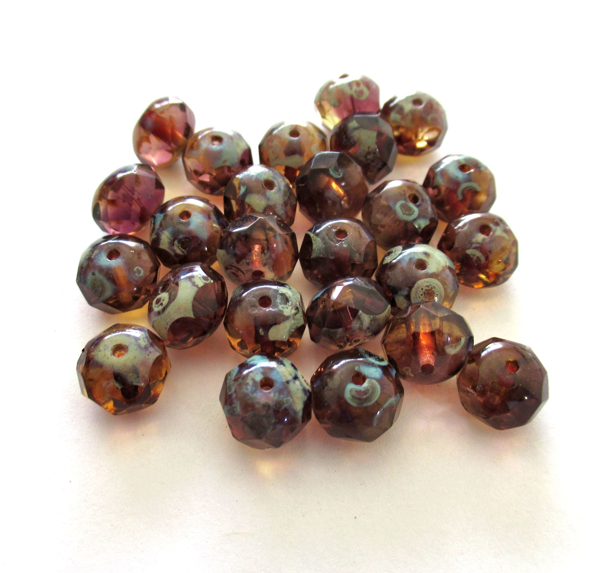 Lot of 25 Czech glass puffy rondelle beads - 6 x 8mm amethyst / purple & champagne picasso color mix faceted rondelles C00072