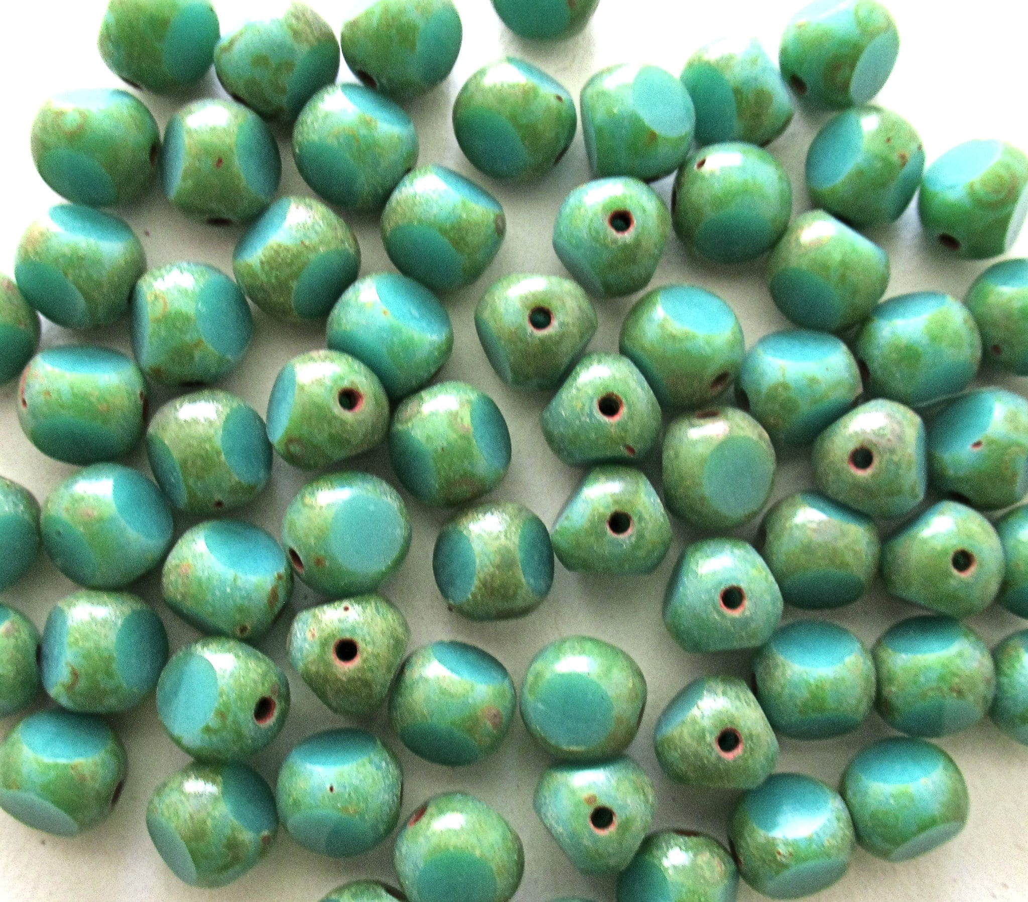 Strand of 40 tri-cut 6mm round Czech glass beads - opaque turquoise green picasso - table cut rustic earthy beads C00031