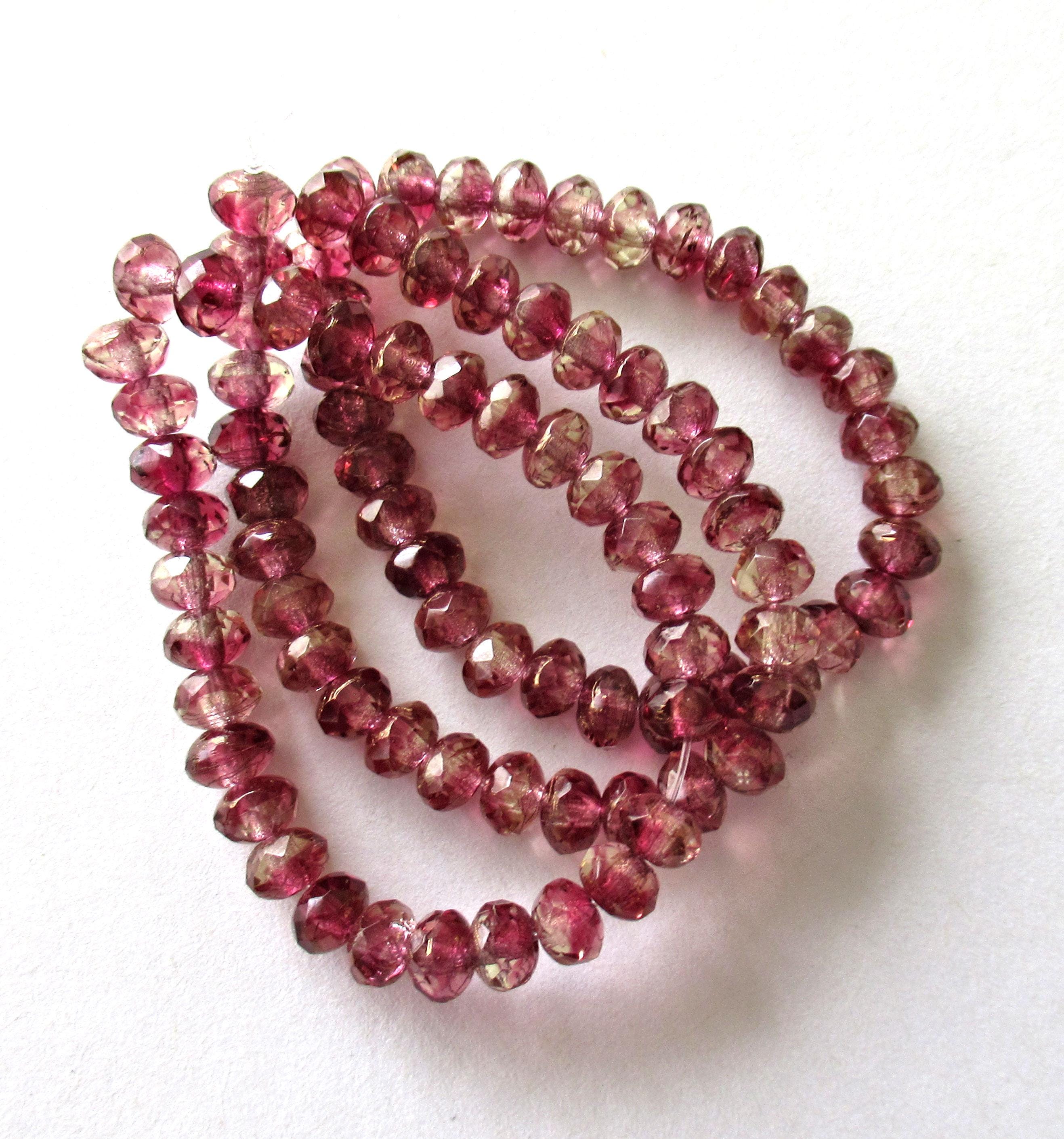 30 small Czech glass puffy rondelle beads - 3mm x 5mm - Marbled pink & champagne w/ bronze accents - faceted fire polished beads - 00051