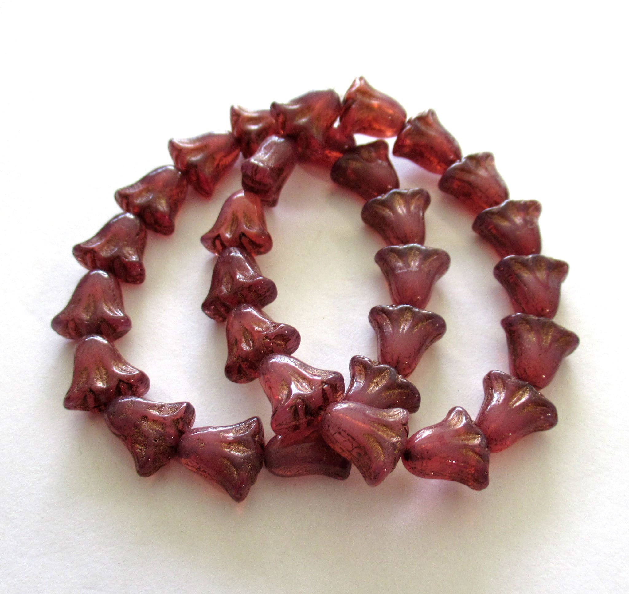 15 Czech glass flower beads - 9 x 10mm translucent deep pink opal with a bronze wash - lily flower beads C00161
