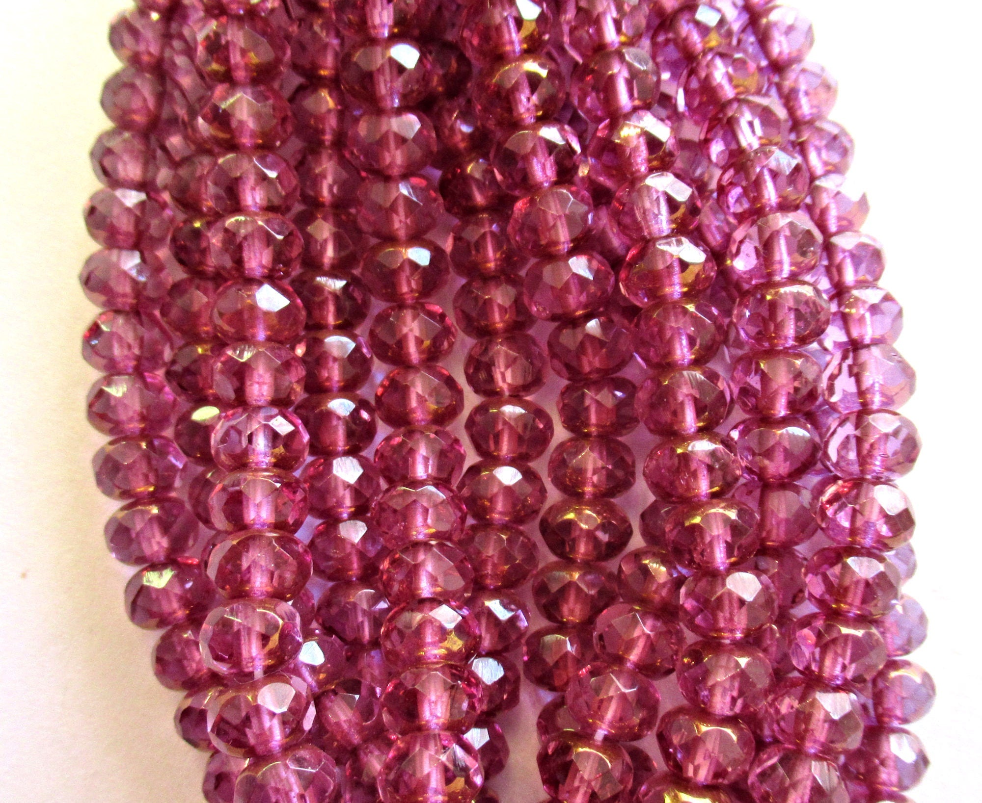 25 Czech glass faceted puffy rondelle beads - 5 x 7mm - french rose or pink with copper accents - rondelles - C00411