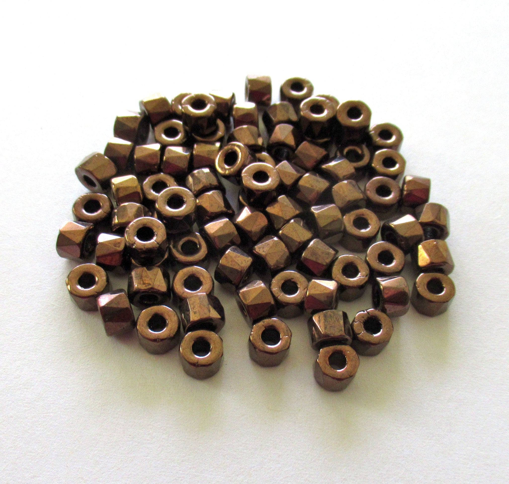 50 6mm Czech glass pony beads - bronze crow, roller beads - large hole brown faceted fire polished beads, C00422