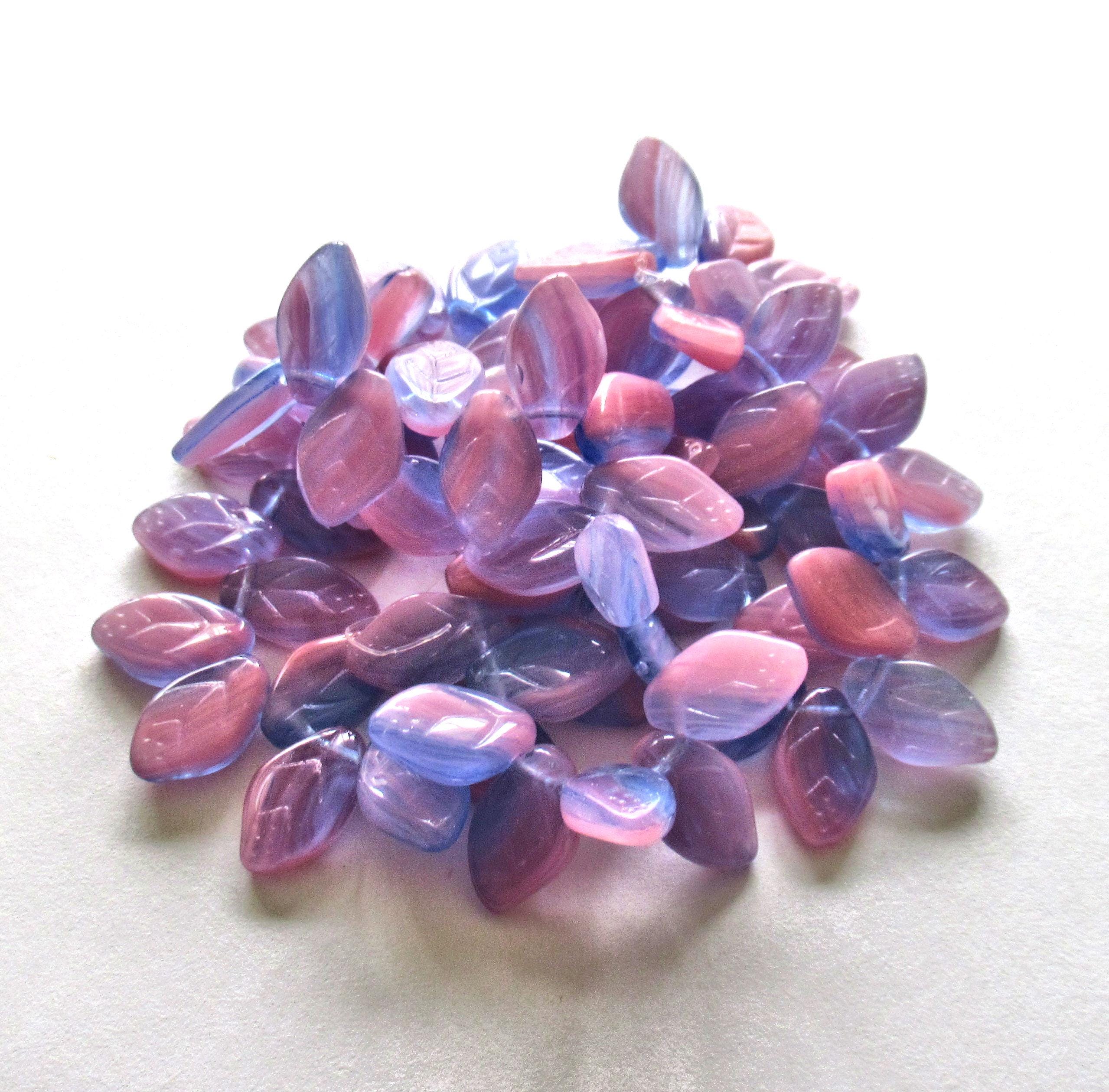 25 Czech glass leaf beads - pink & blue marbled mix - 12 x 8mm - side drilled leaves - C00501